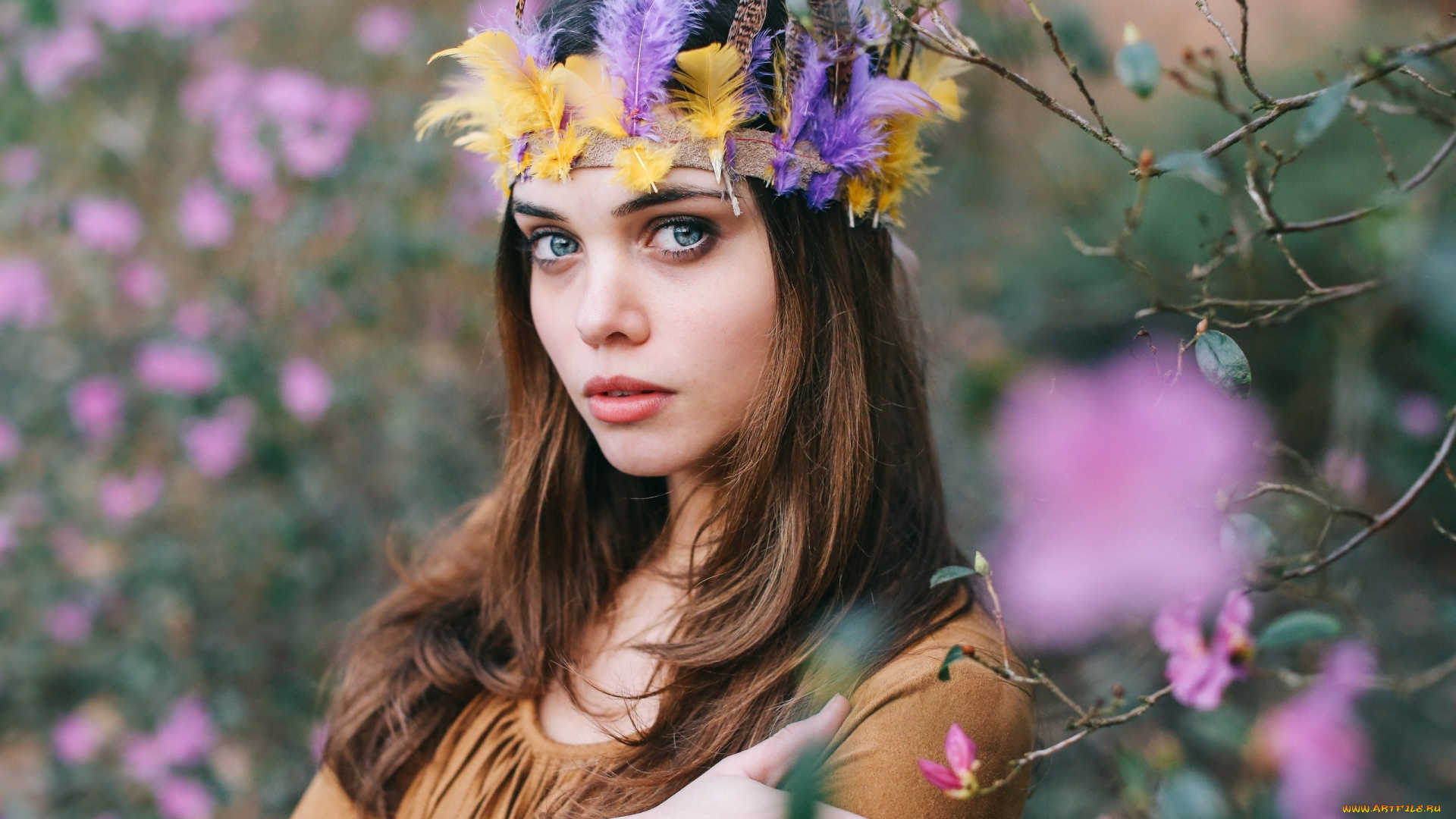 девушки, -unsort, , лица, , портреты, взгляд, настроение, ветки, перья