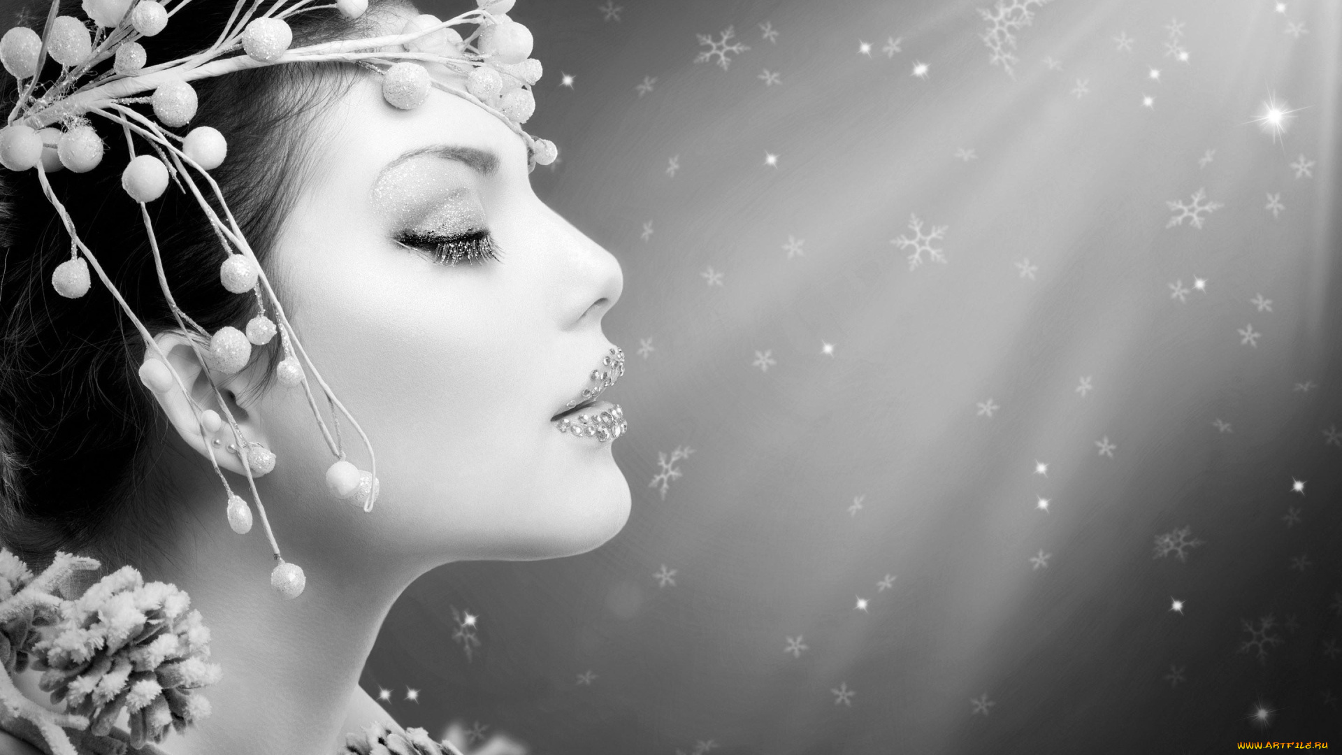 девушки, анна, субботина, блестки, снежинки, профиль, ветка, черно-белая, модель, украшения, лицо