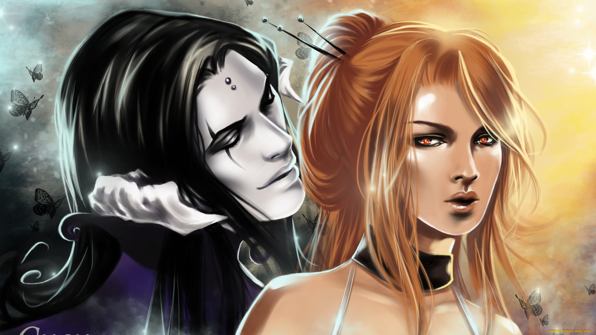 фэнтези, демоны, пара, арт, laufey, рога, парень, демон, рыжая, девушка