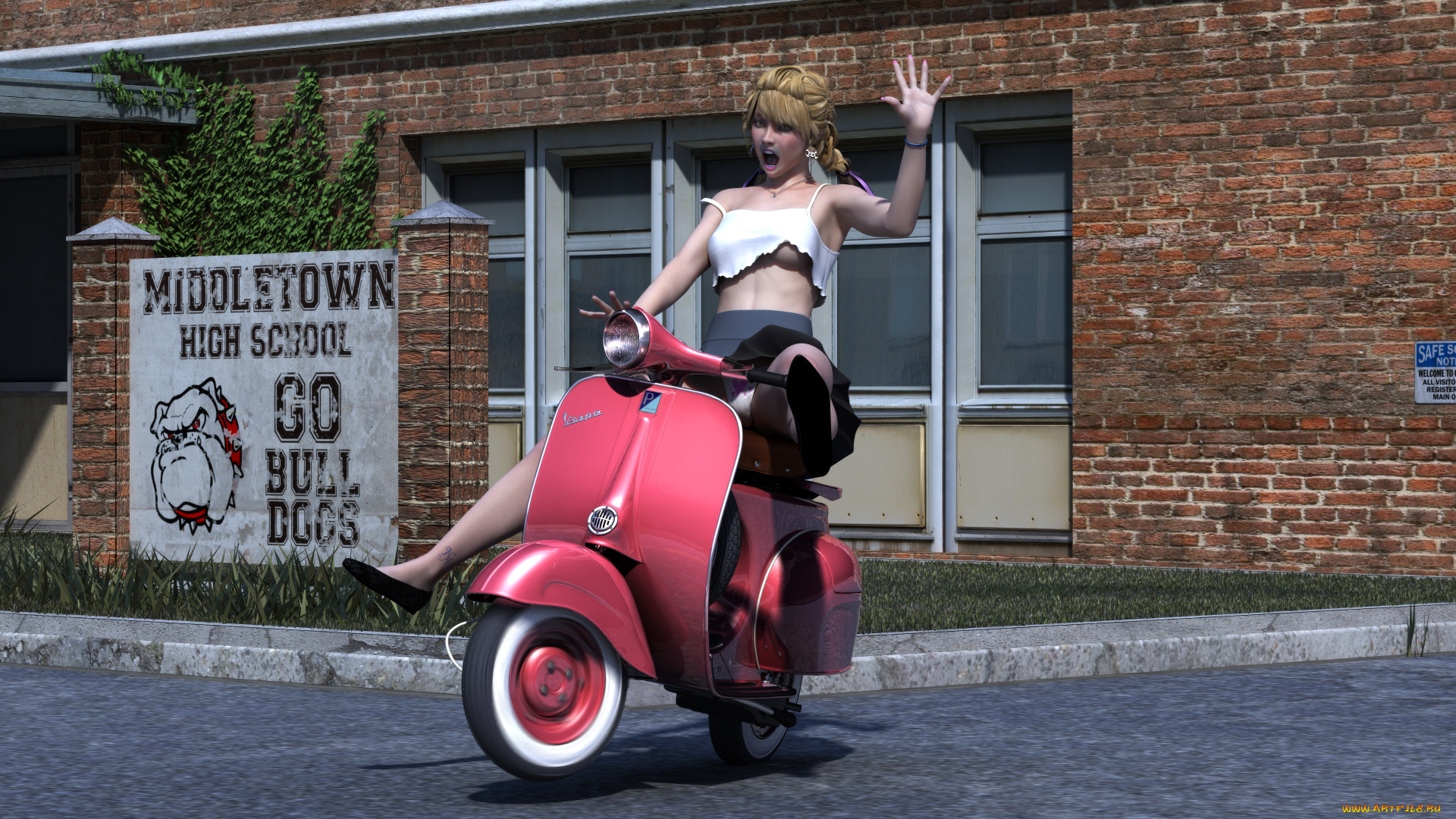 мотоциклы, 3d, девушка, взгляд, фон, мотоцикл