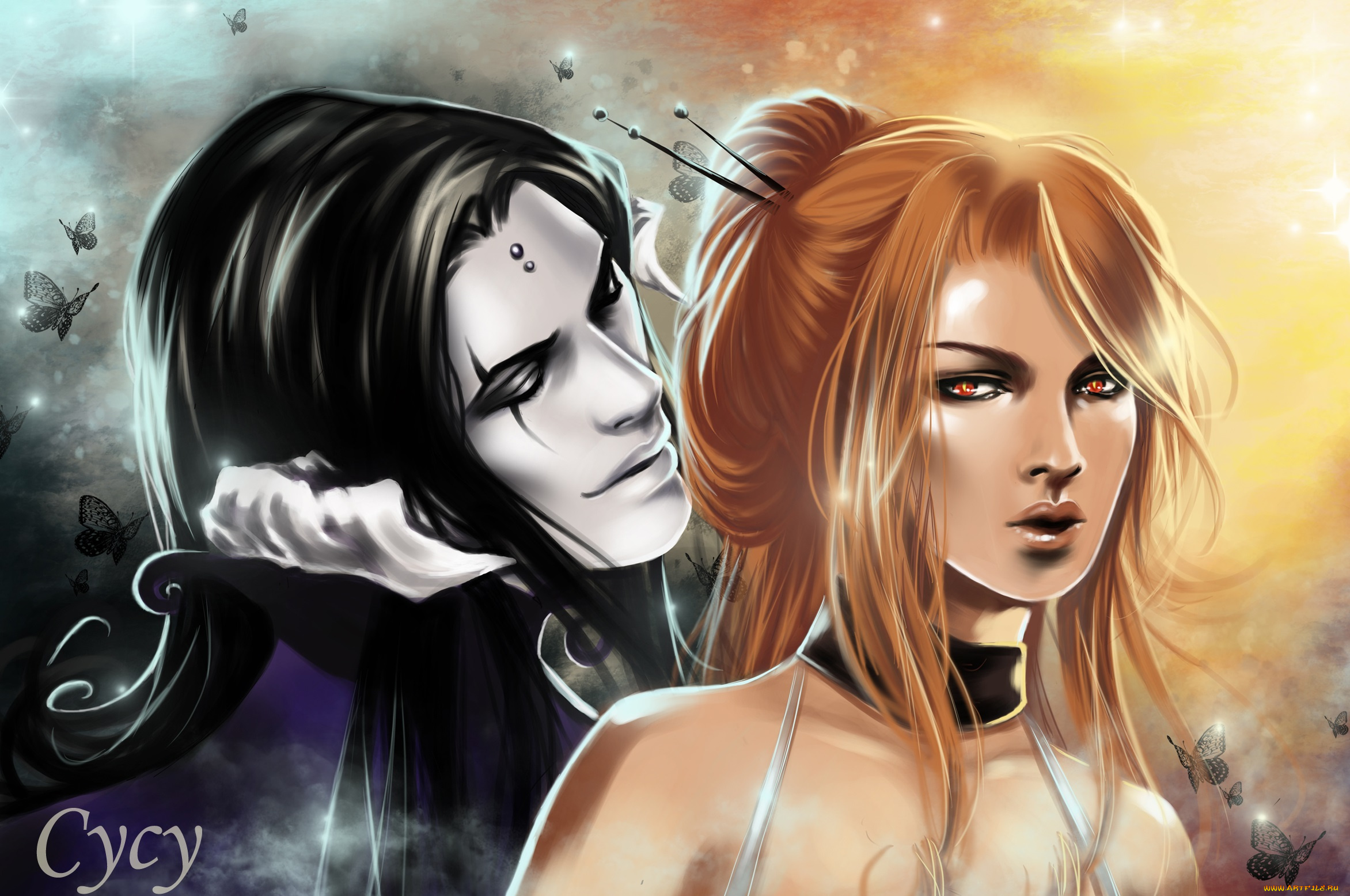 фэнтези, демоны, пара, арт, laufey, рога, парень, демон, рыжая, девушка