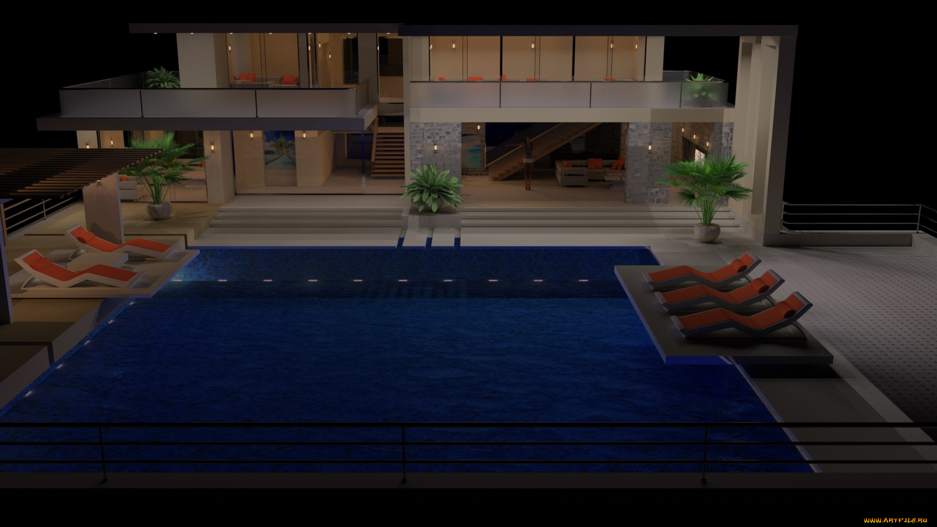 3д, графика, реализм, , realism, шизлонг, бассейн