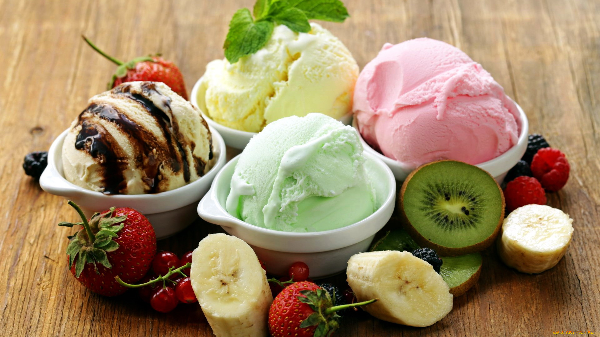 еда, мороженое, , десерты, мята, смородина, клубника, киви, бананы
