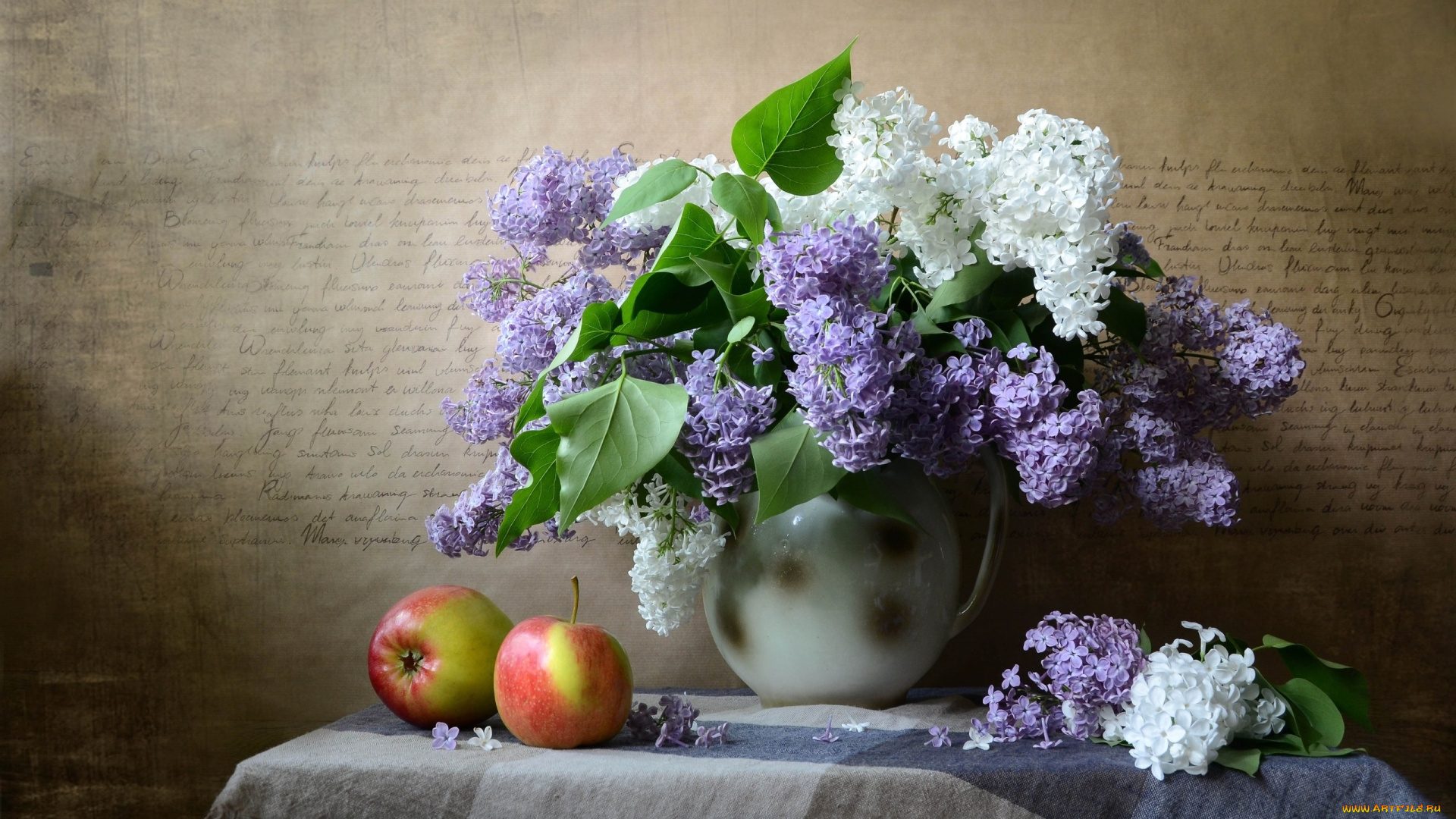 еда, натюрморт, кувшин, шаль, столик, ветки, сирень, фрукты, яблоки