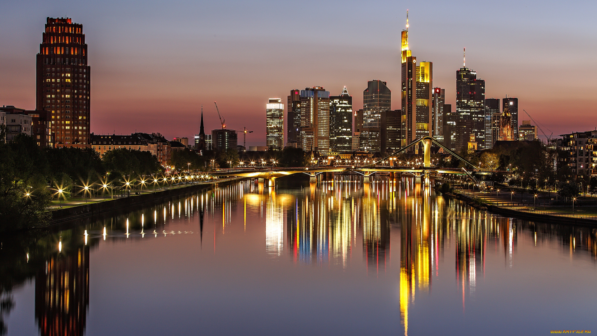 города, франкфурт-на-майне, , германия, дома, франкфурт-на-майне, ночь, огни, мост