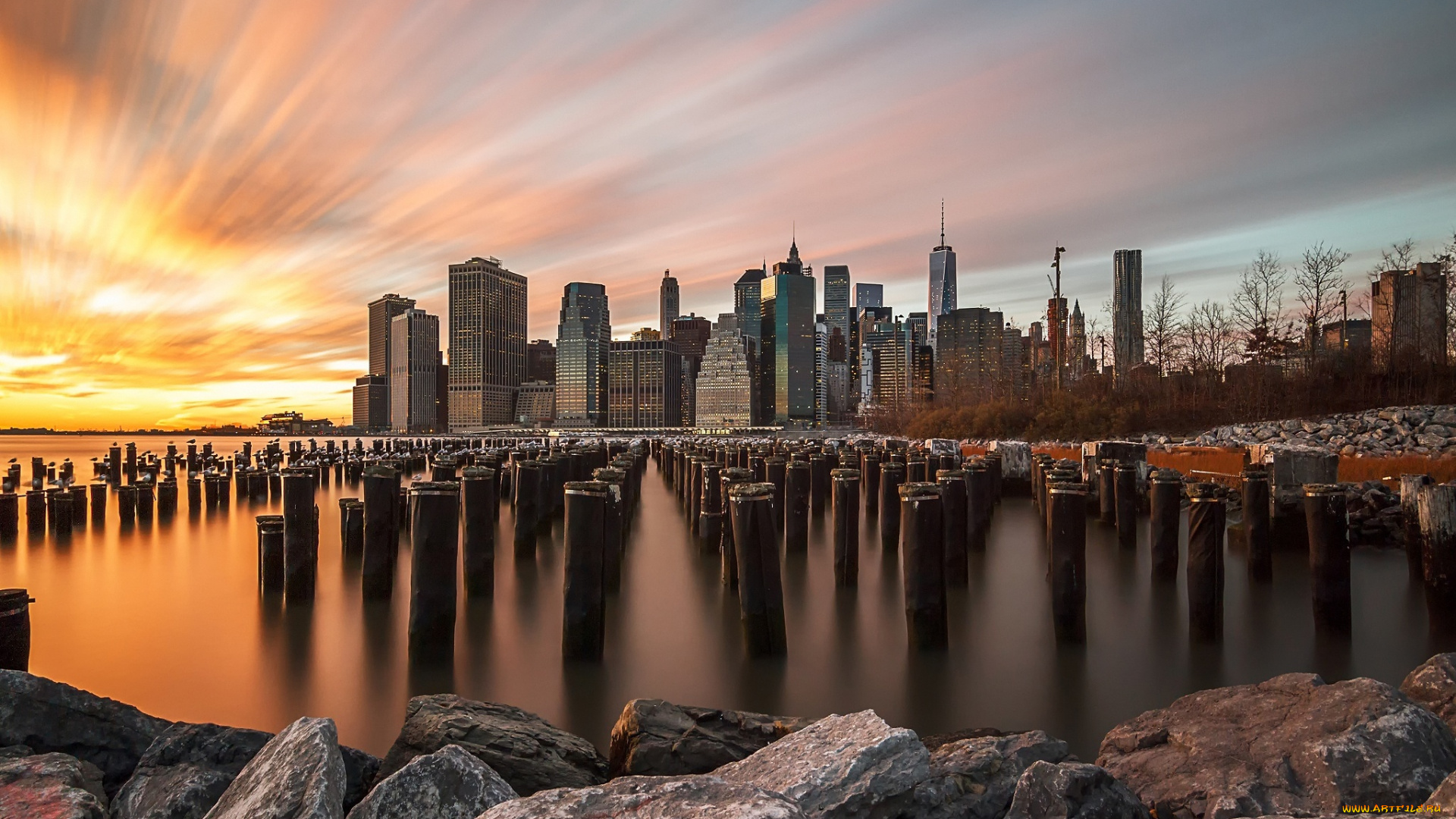 города, нью-йорк, , сша, нью, йорк, небо, выдержка, город