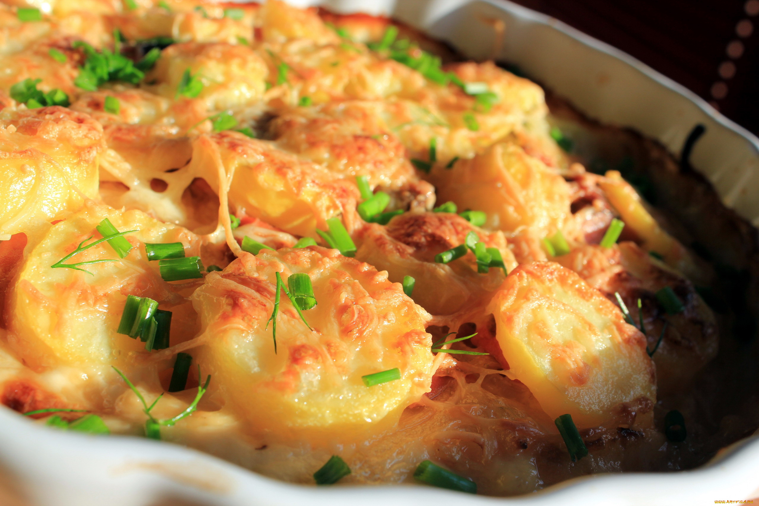 еда, картофель, зелень, ломтики, запеченный