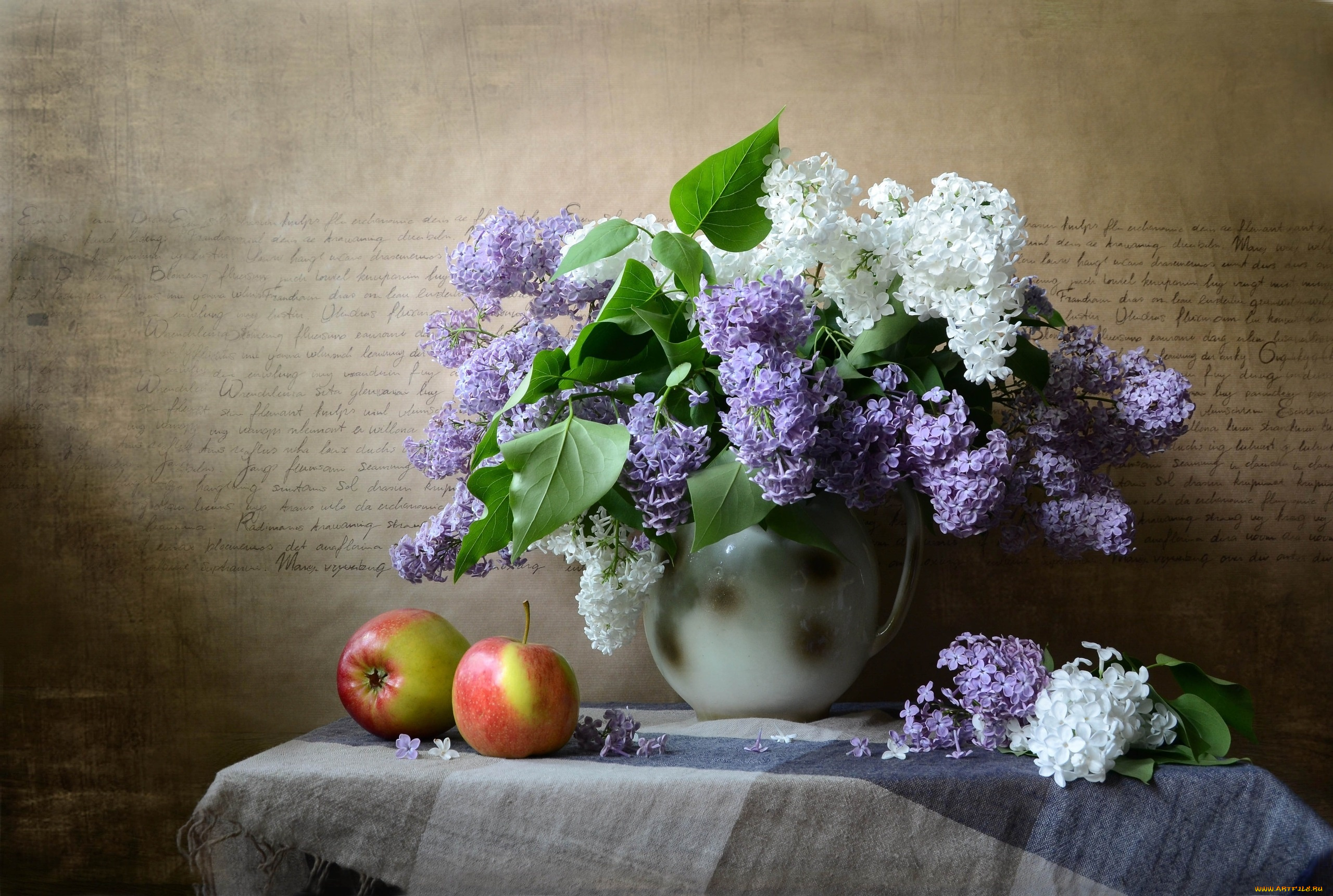 еда, натюрморт, кувшин, шаль, столик, ветки, сирень, фрукты, яблоки