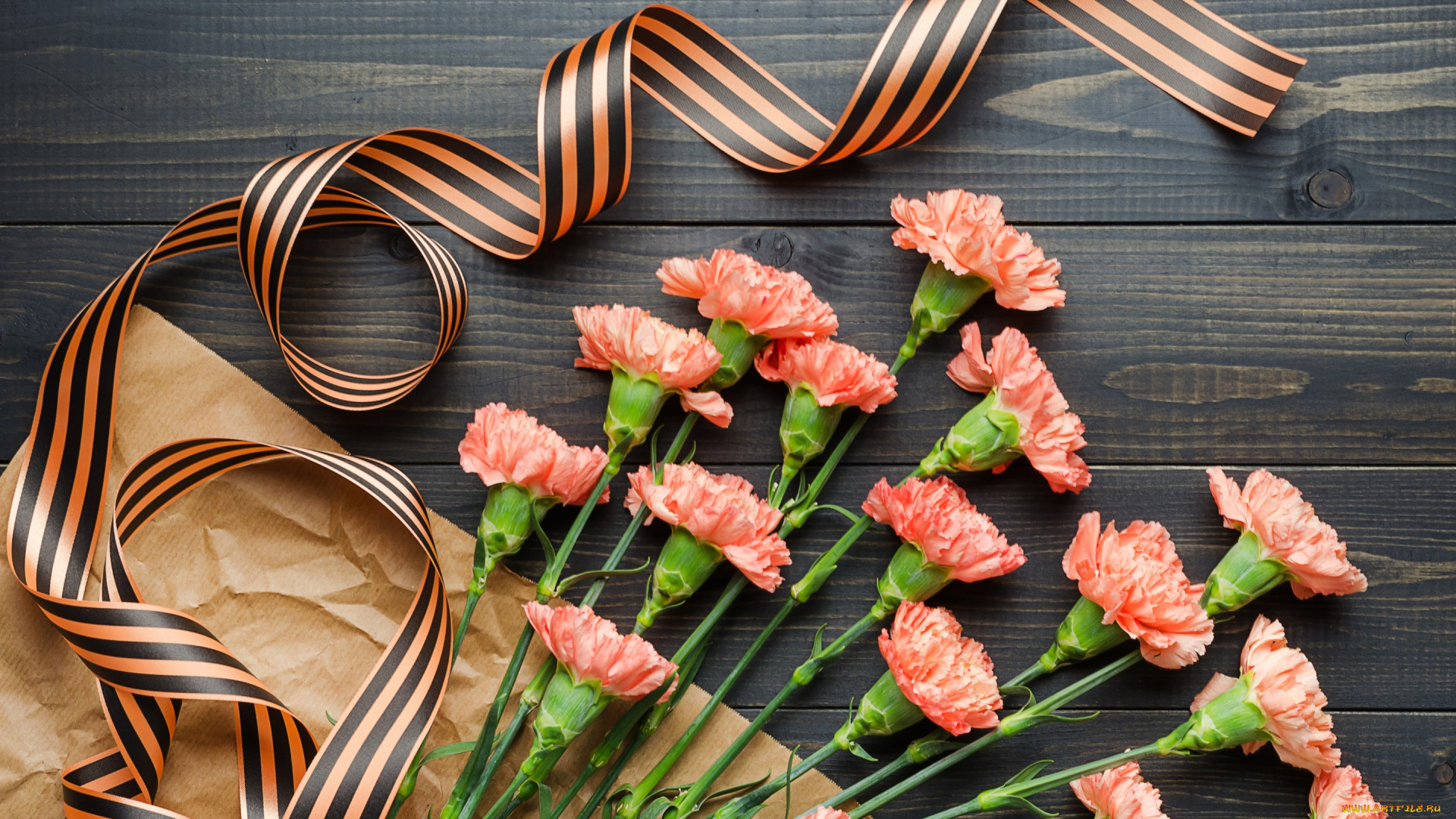 праздничные, день, победы, 9, мая, георгиевская, лента, букет, цветы