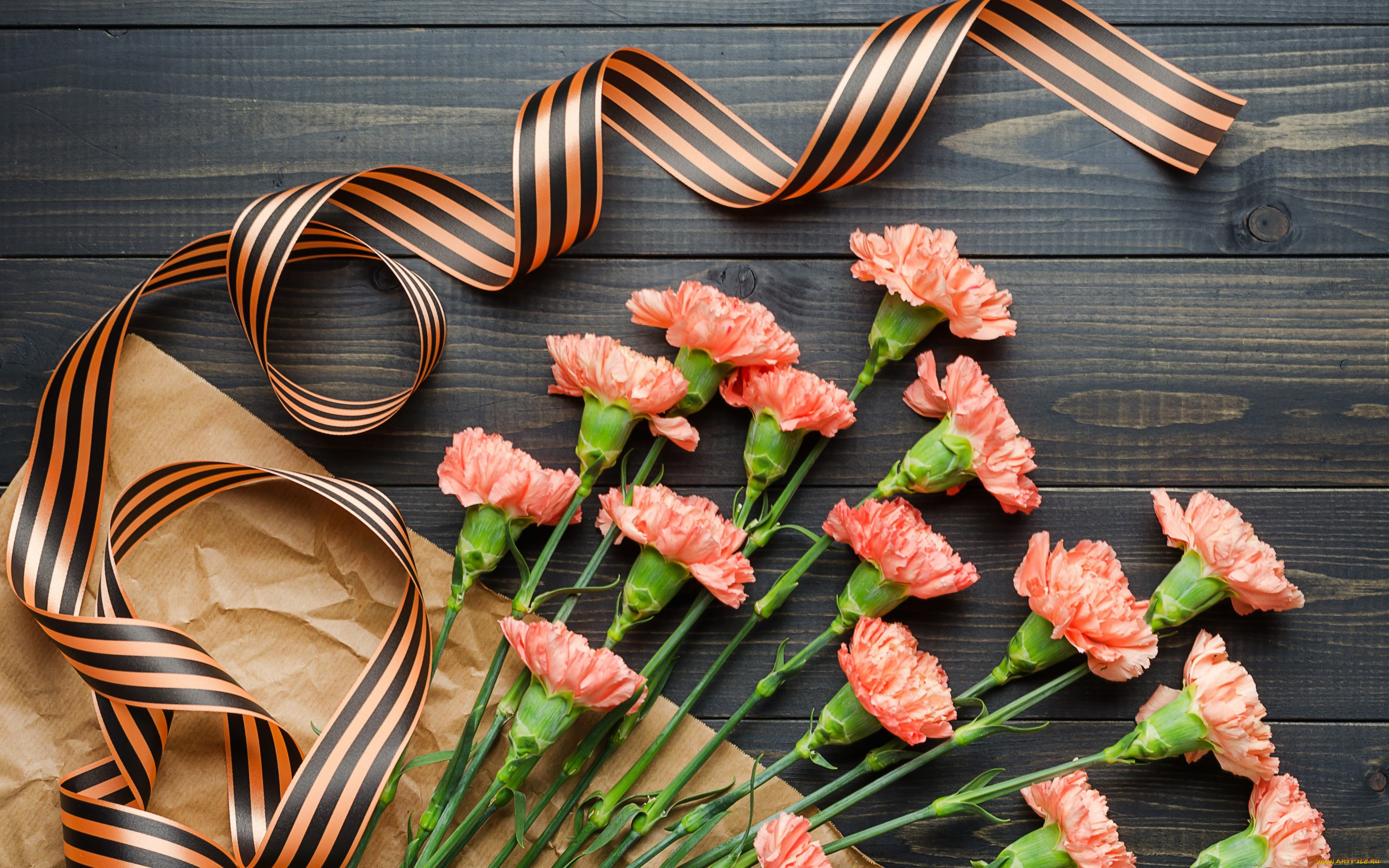 праздничные, день, победы, 9, мая, георгиевская, лента, букет, цветы