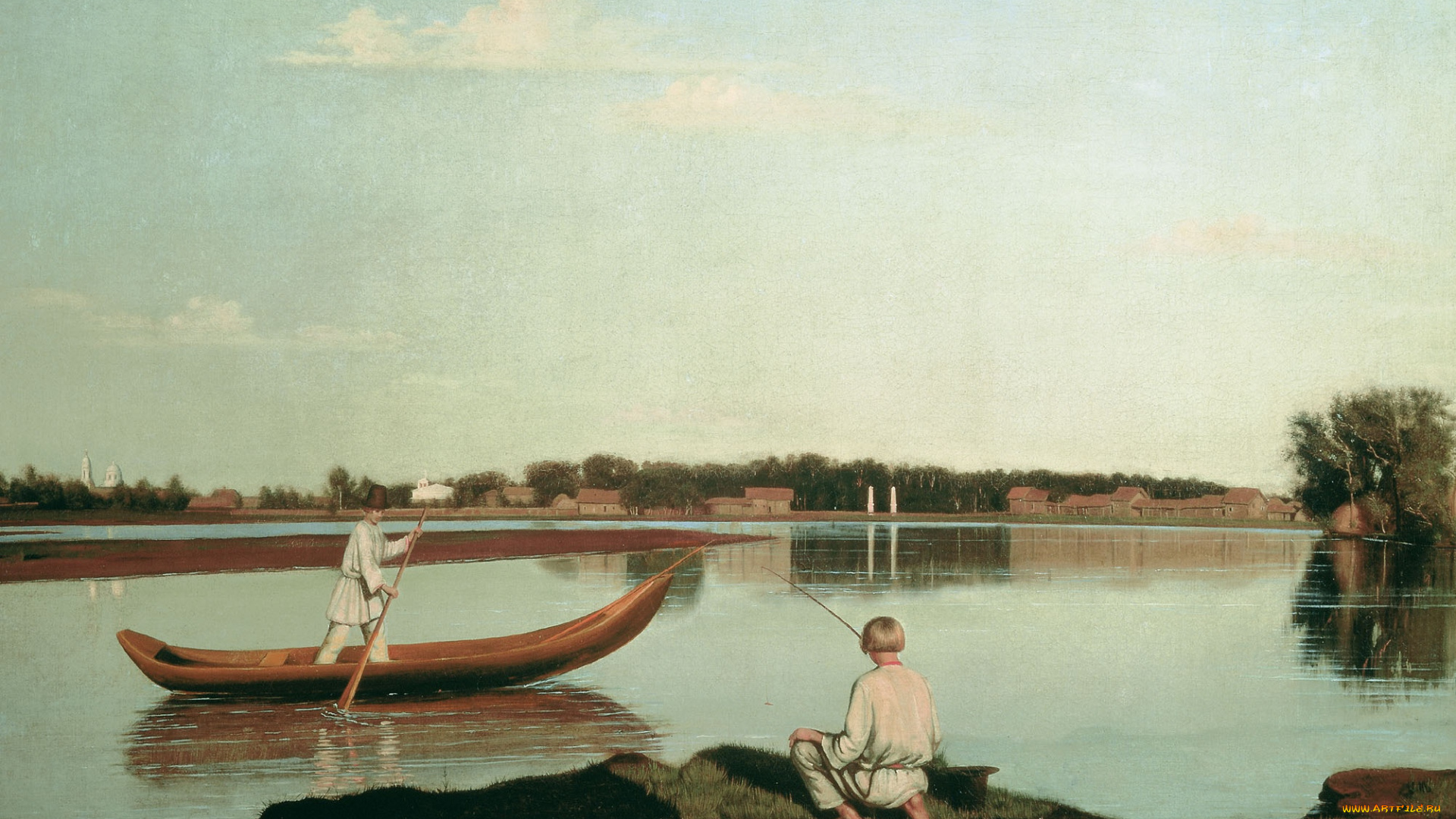 рыбаки, -, вид, в, спасском, рисованное, григорий, сорока, рыбаки, лодка, река, поселок