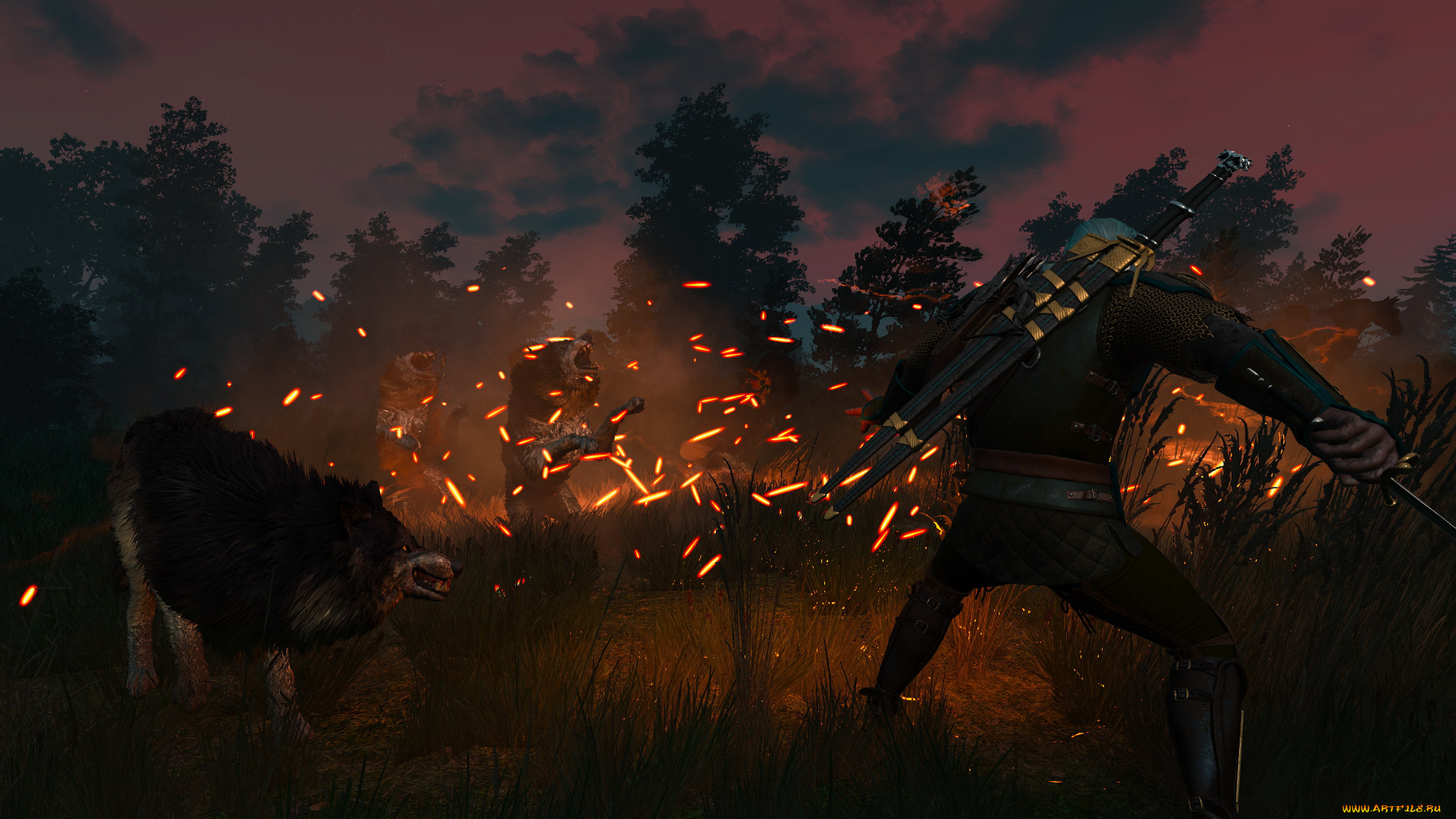 видео, игры, the, witcher, 3, , wild, hunt, ведьмак, бой, искры, волки, оборотни