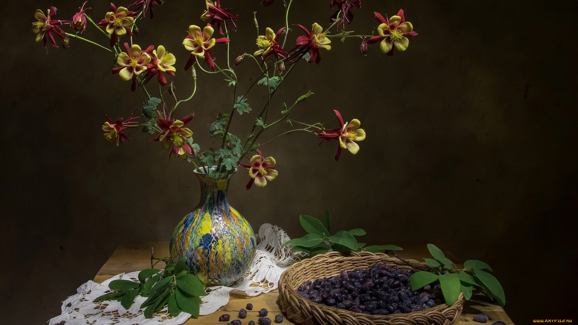 еда, фрукты, , ягоды, букет, аквилегия, ягоды