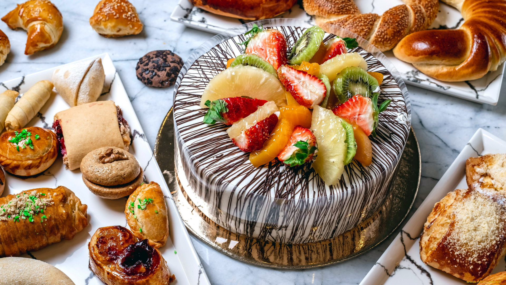 еда, торты, торт, клубника, киви