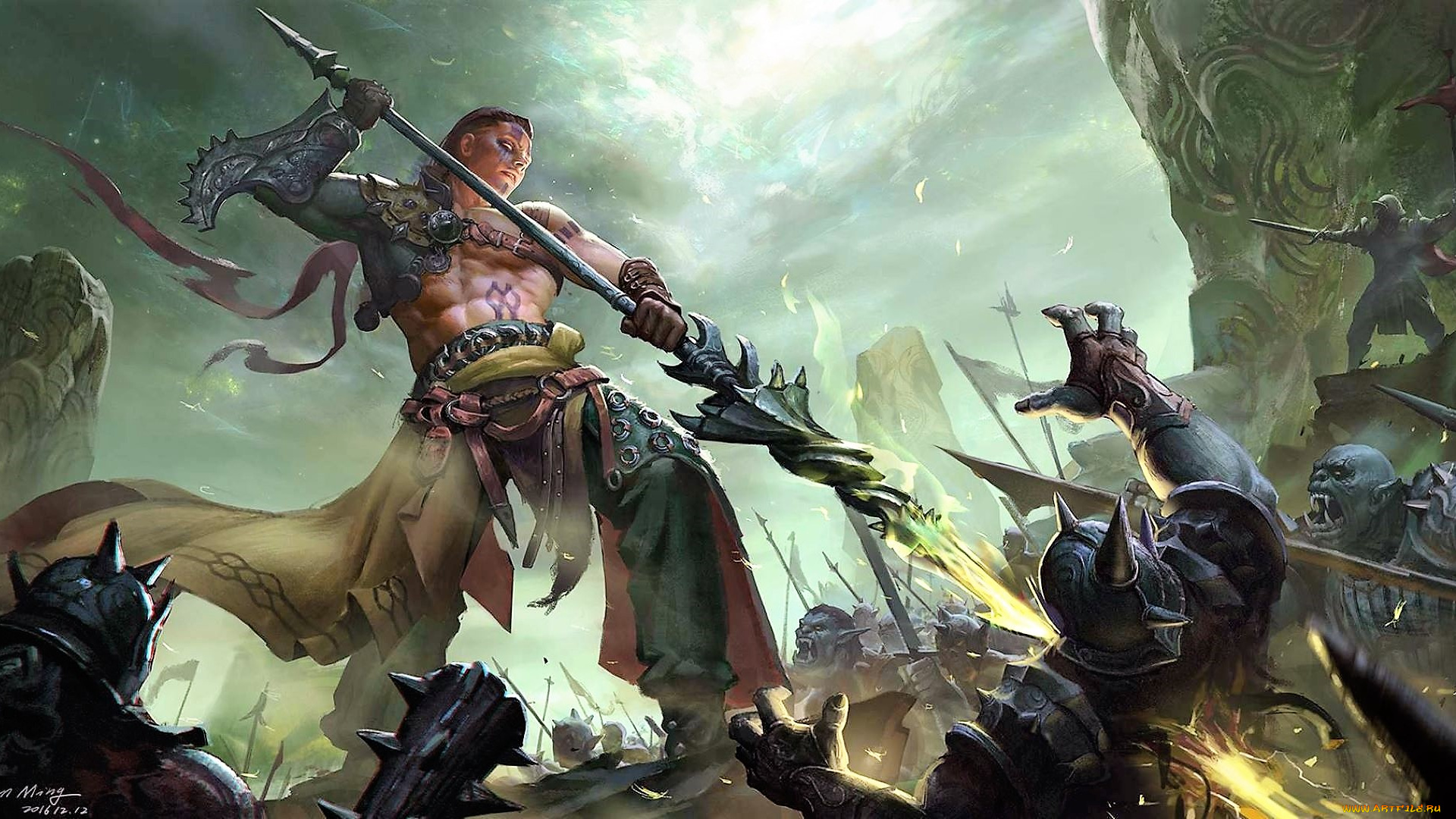 фэнтези, маги, , волшебники, бой, орки, скалы, маг, посох