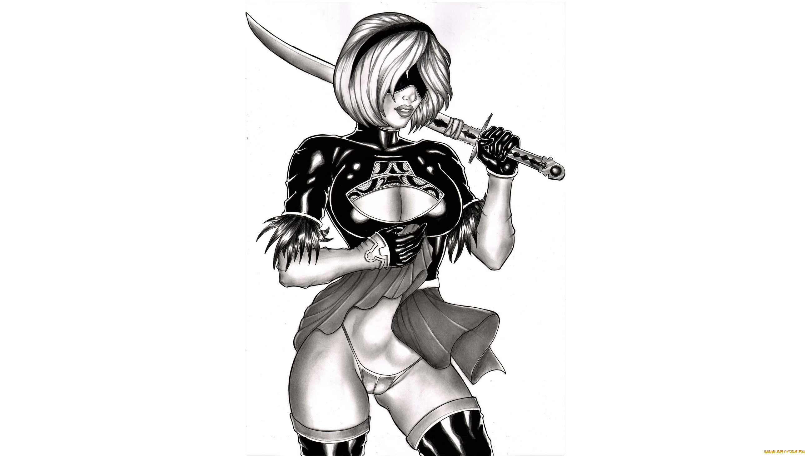 видео, игры, nier, , automata, девушка, фон, маска, меч