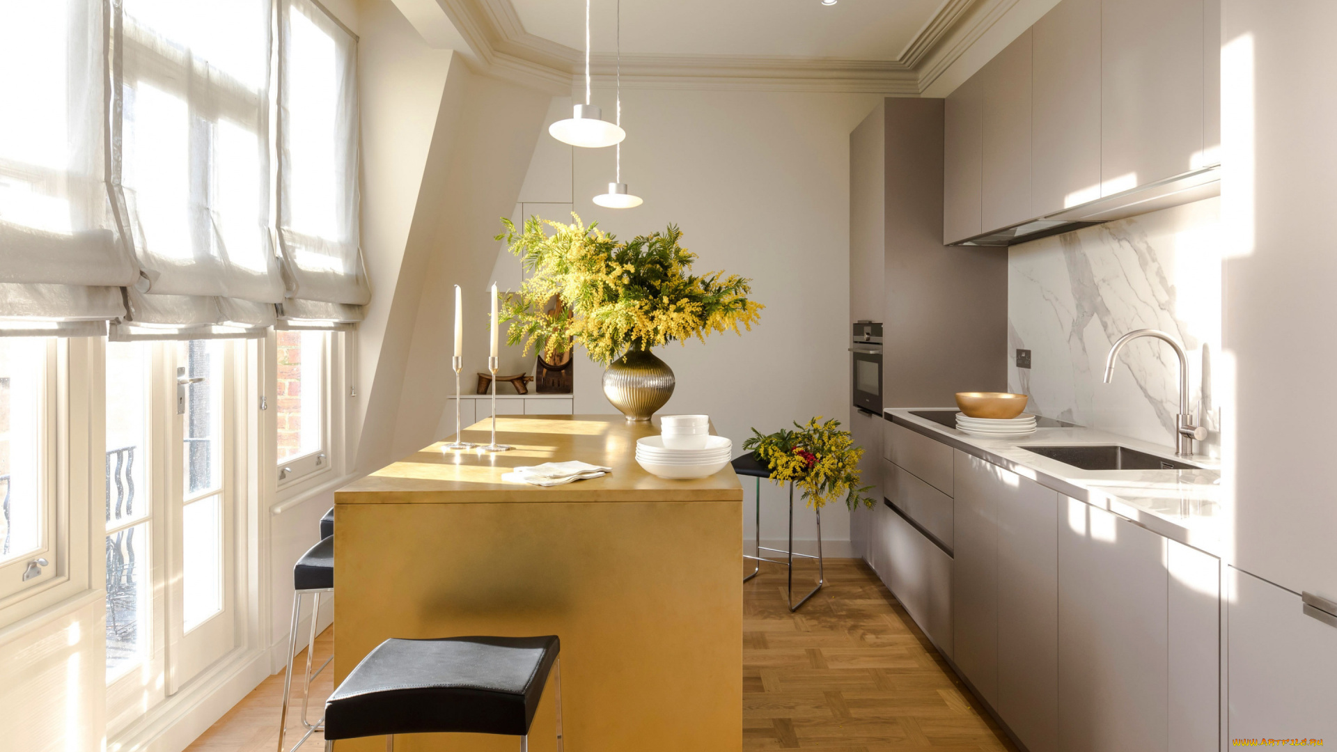 интерьер, кухня, шкафчики, плита, букеты