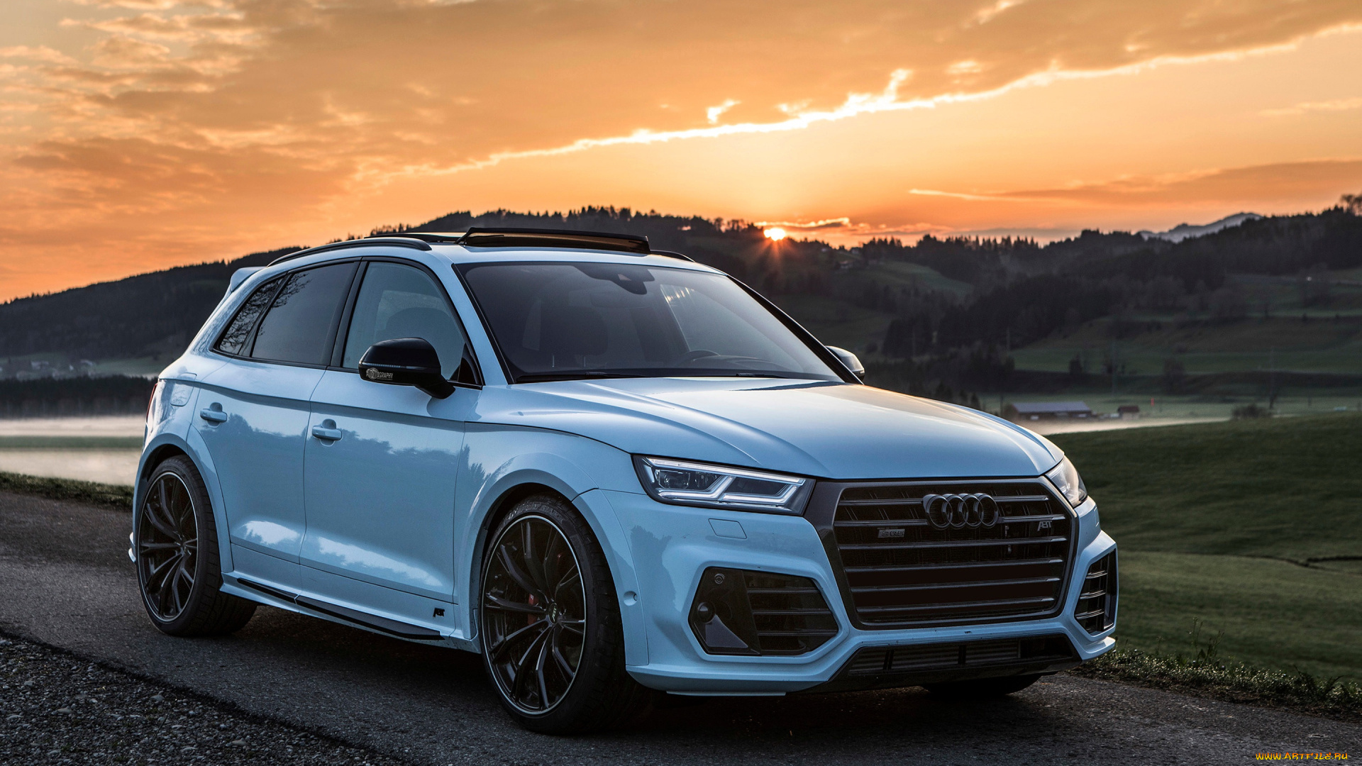 audi, sq5, 2018, автомобили, audi, голубой, дорога, закат, горы