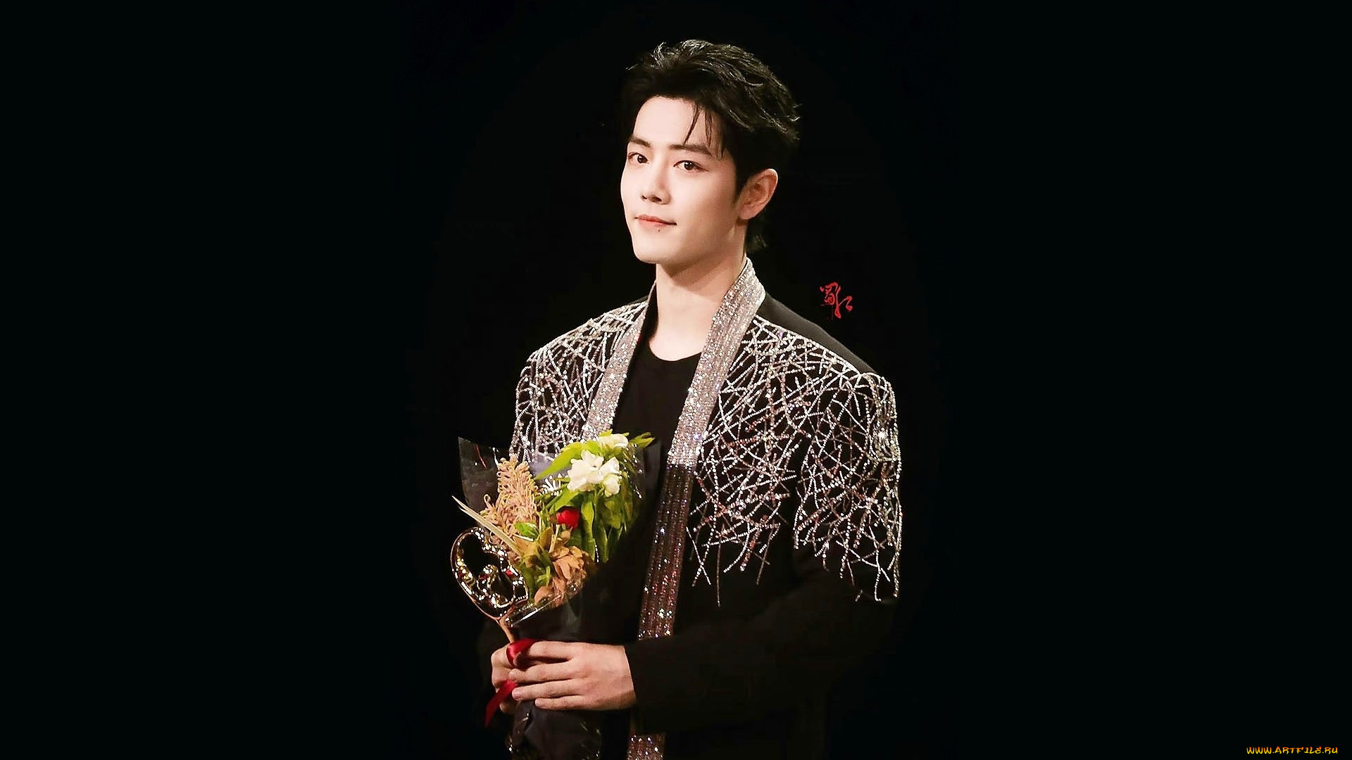 мужчины, xiao, zhan, актер, пиджак, букет