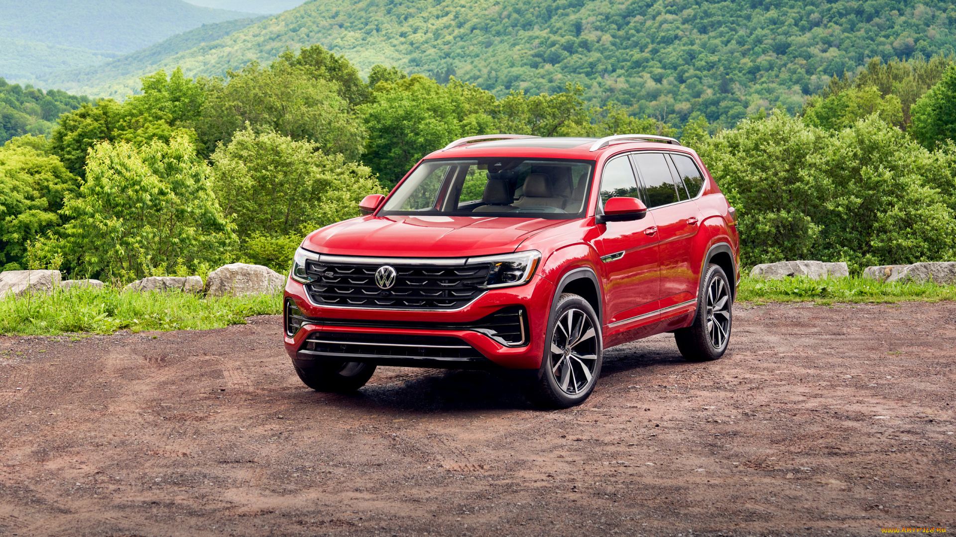 volkswagen, atlas, sel, 4motion, r-line, 2024, автомобили, volkswagen, atlas, sel, 4motion, r, line, красный, природа, фольцваген, атлас