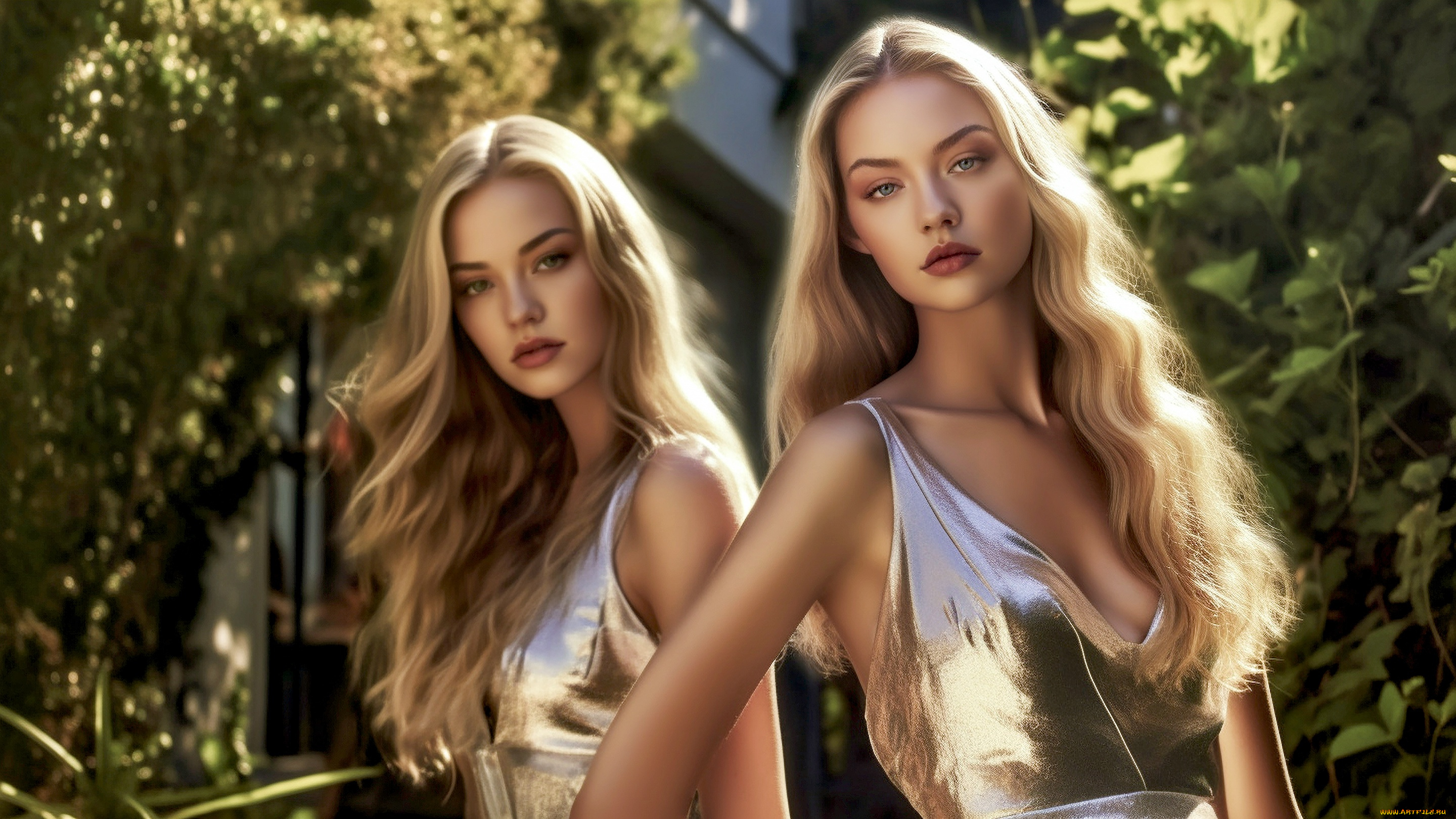 нейросеть, рисованное, люди, взгляд, девушка, свет, природа, поза, девушки, блеск, портрет, платье, арт, блондинки, две, красотки, длинные, волосы, подруги, цифровая, живопись, цифровое, искусство, диджитал