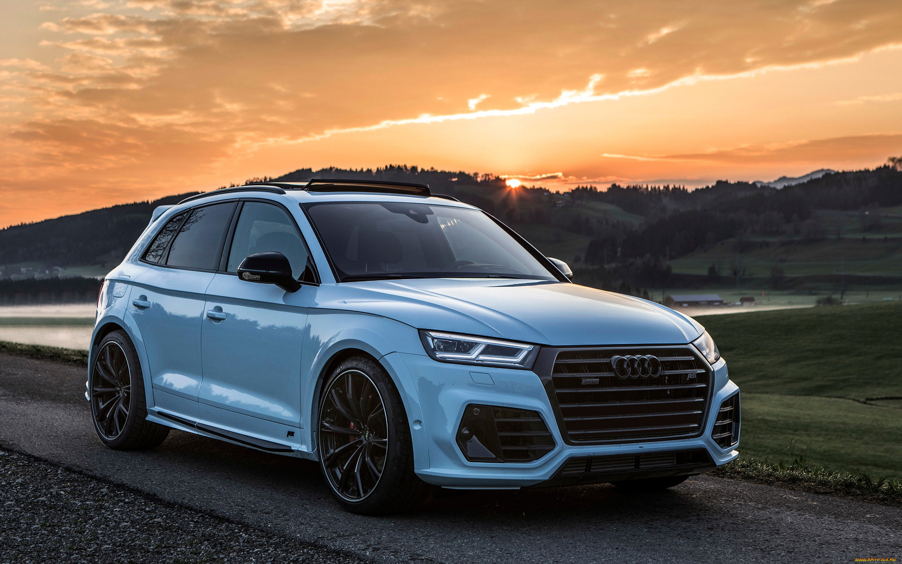 audi, sq5, 2018, автомобили, audi, голубой, дорога, закат, горы