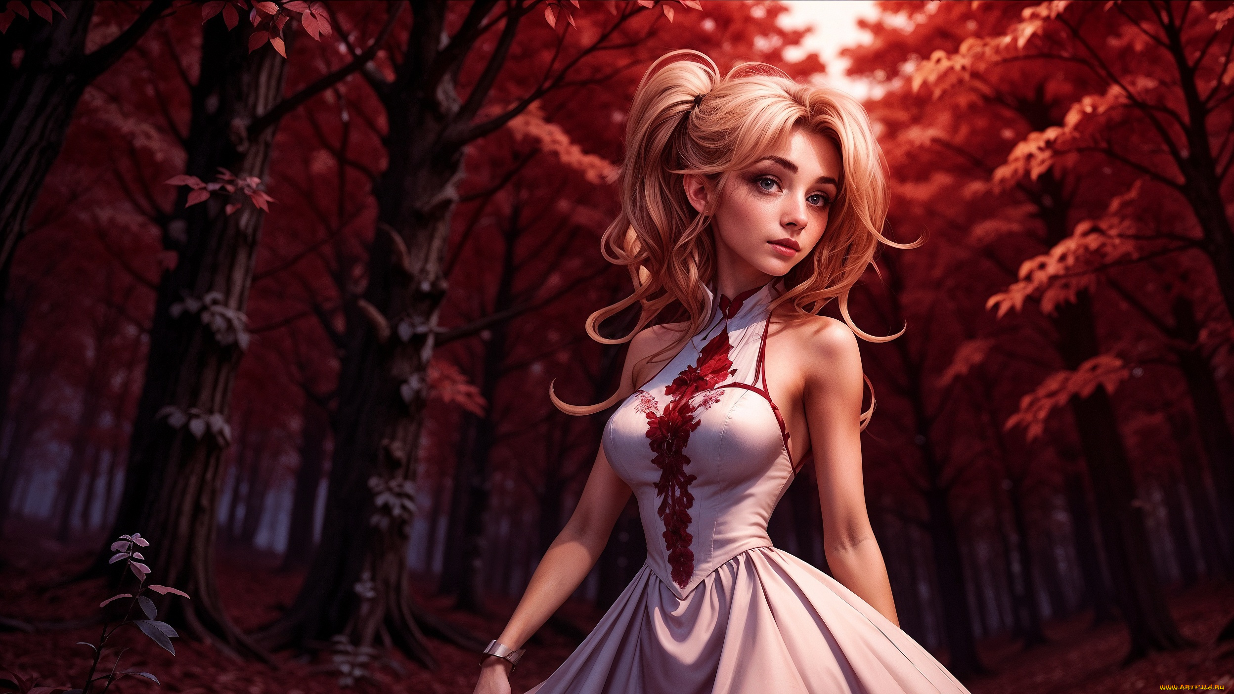 бестия, 3д, графика, люди, , people, девушка, арт, красивая, красный, лес