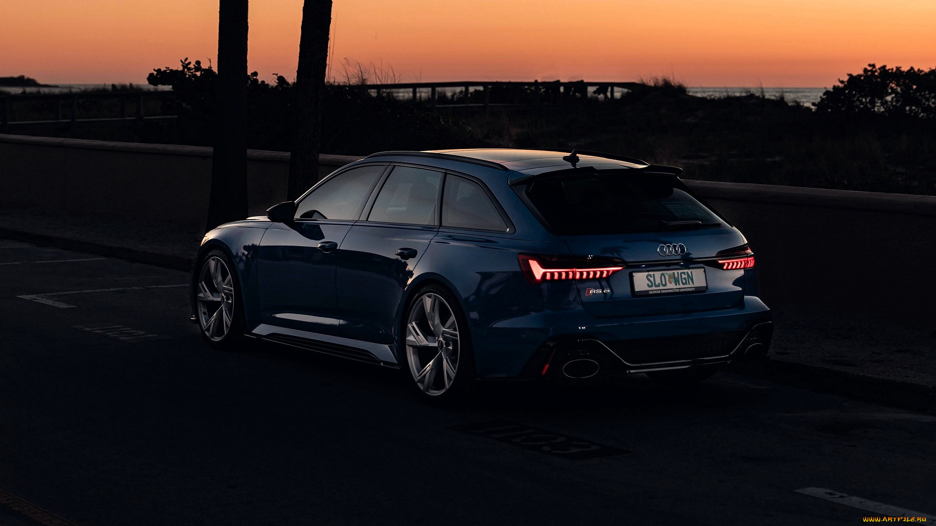 audi, rs6, автомобили, audi, синий, дорога, закат