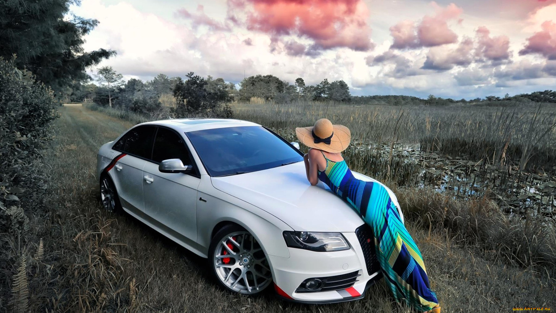 автомобили, -авто, с, девушками, белая, шляпа, платье, поля, облака