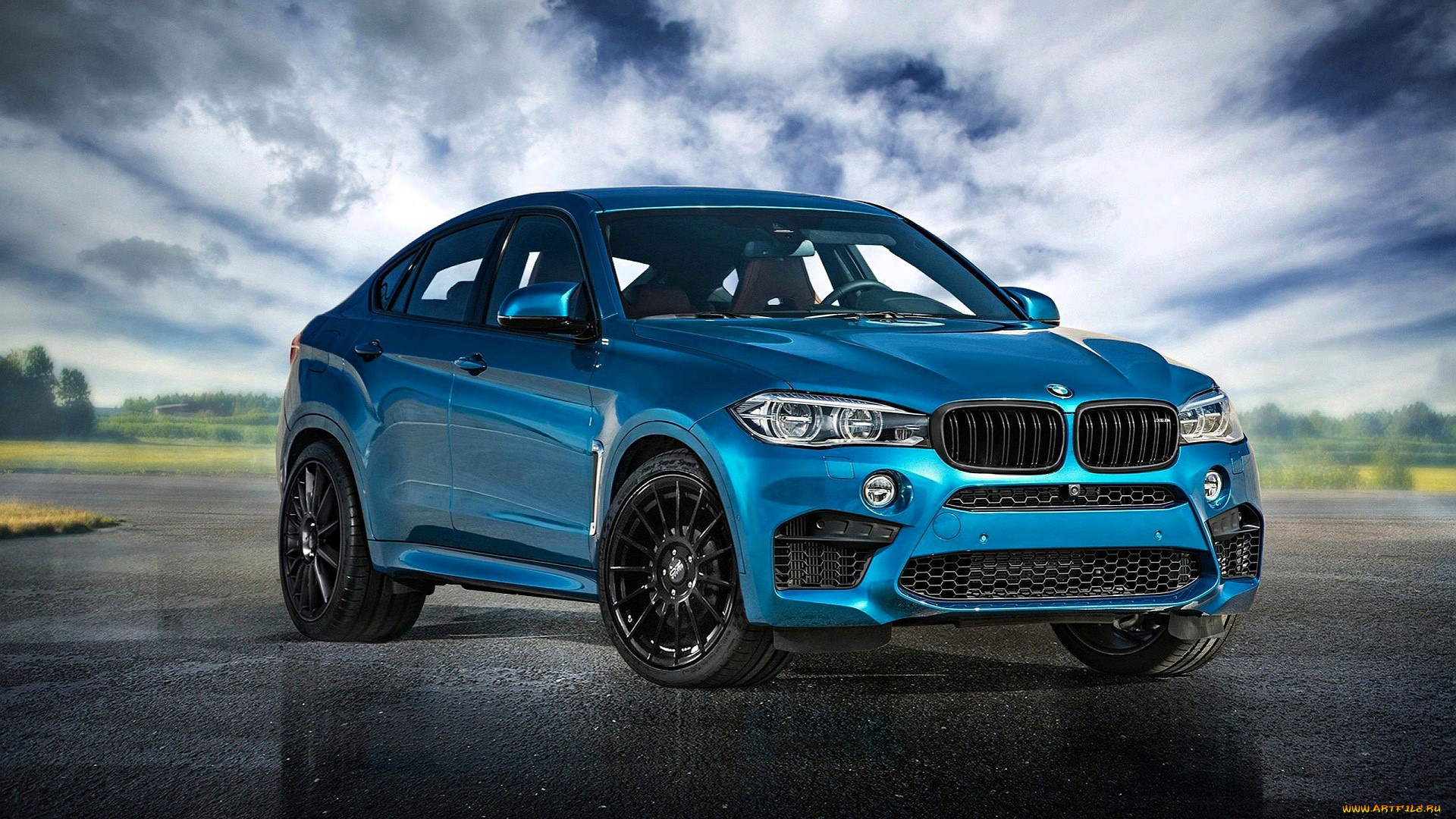 bmw, x6, автомобили, bmw, синий, площадка, лужи, облака
