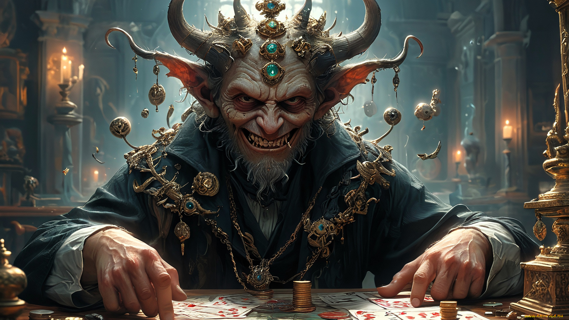 фэнтези, демоны, демон, украшения, рога, карты, деньги, стол