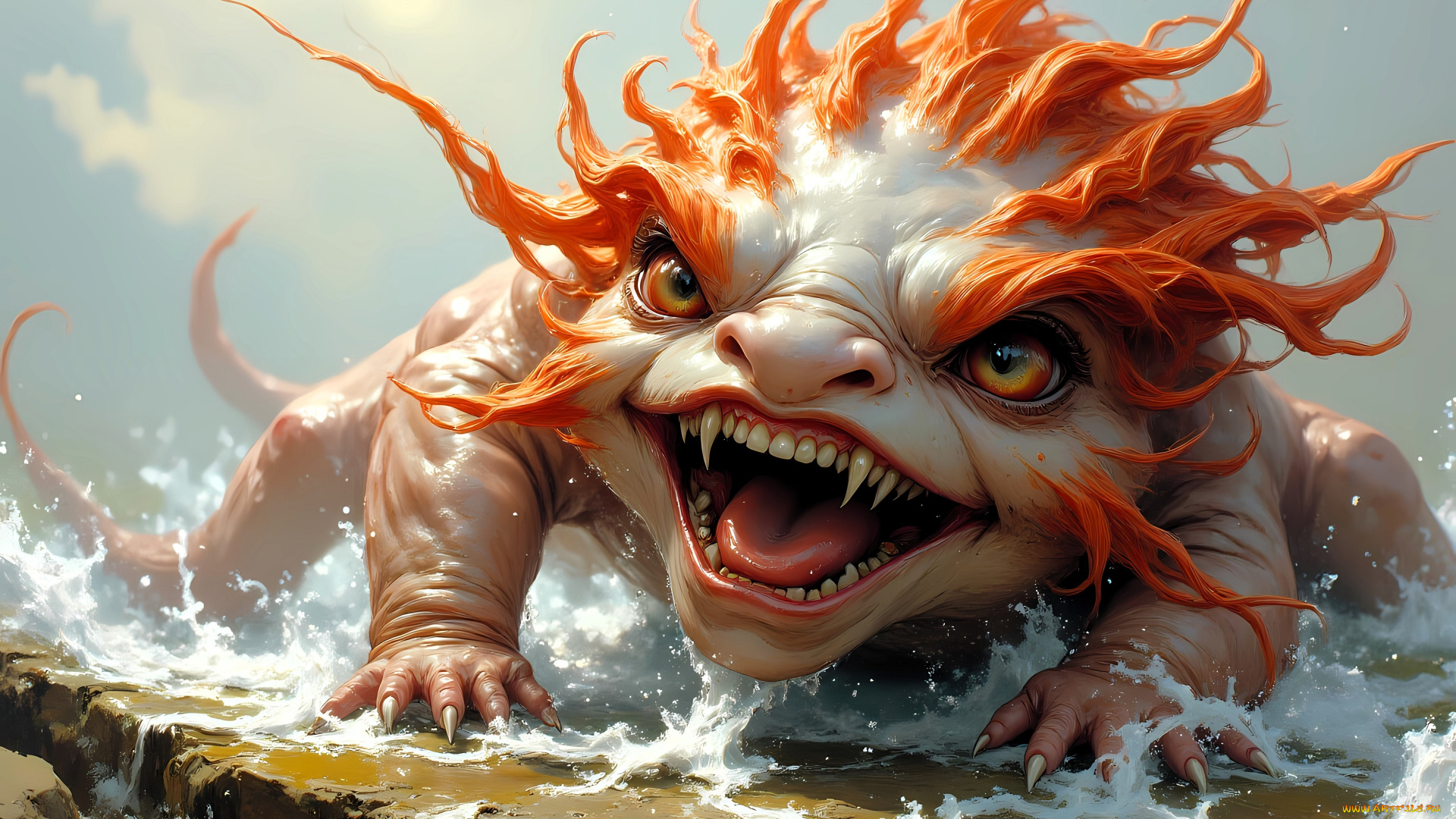 фэнтези, существа, монстр, существо, волны, брызги, камень