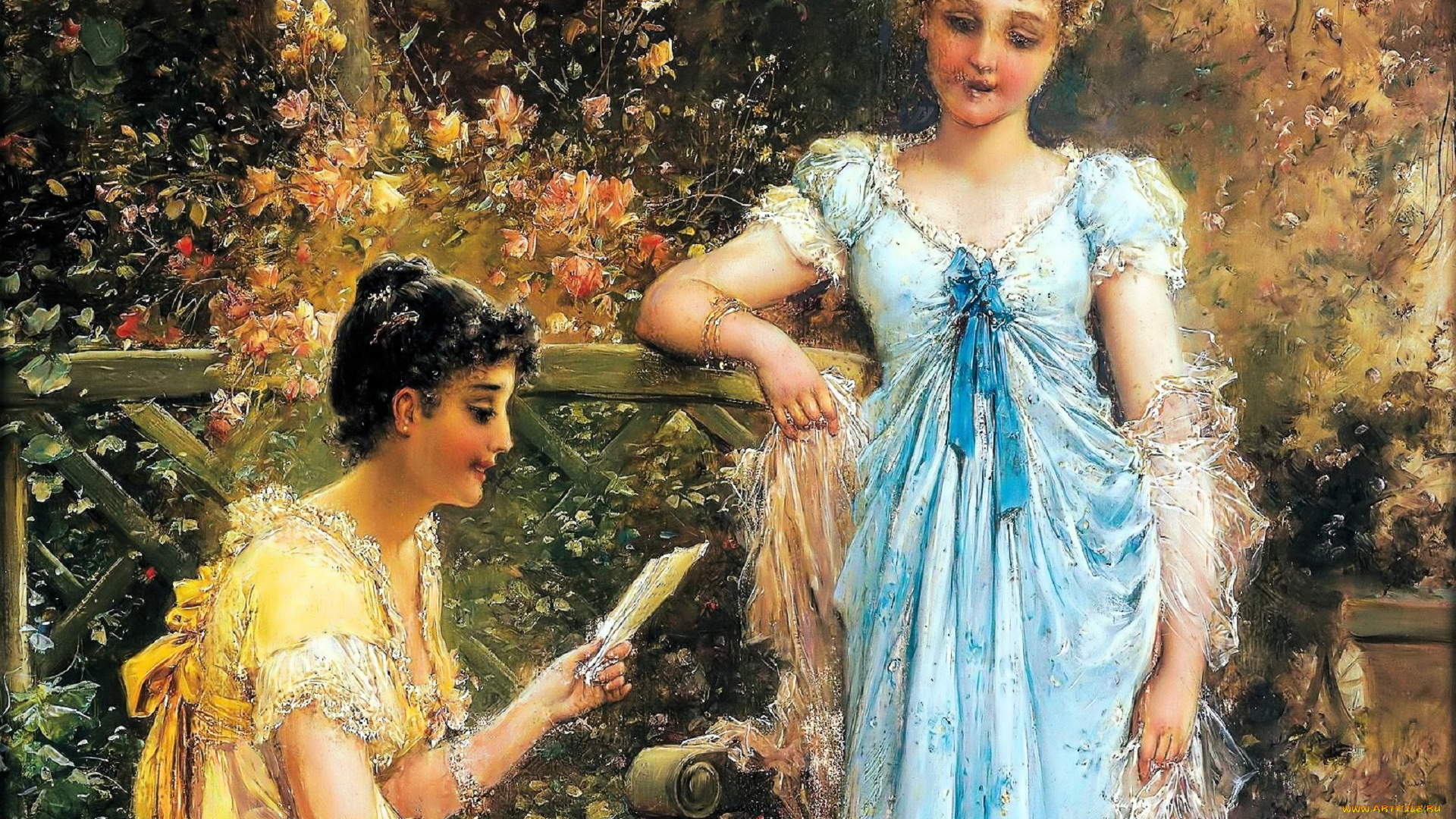 рисованное, hans, zatzka, девушки, письмо, цветы