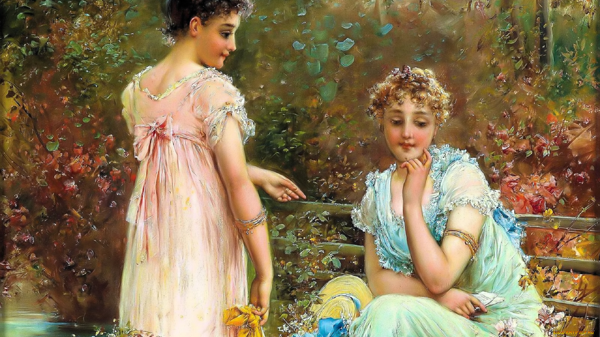 рисованное, hans, zatzka, девушки, скамейка, сад