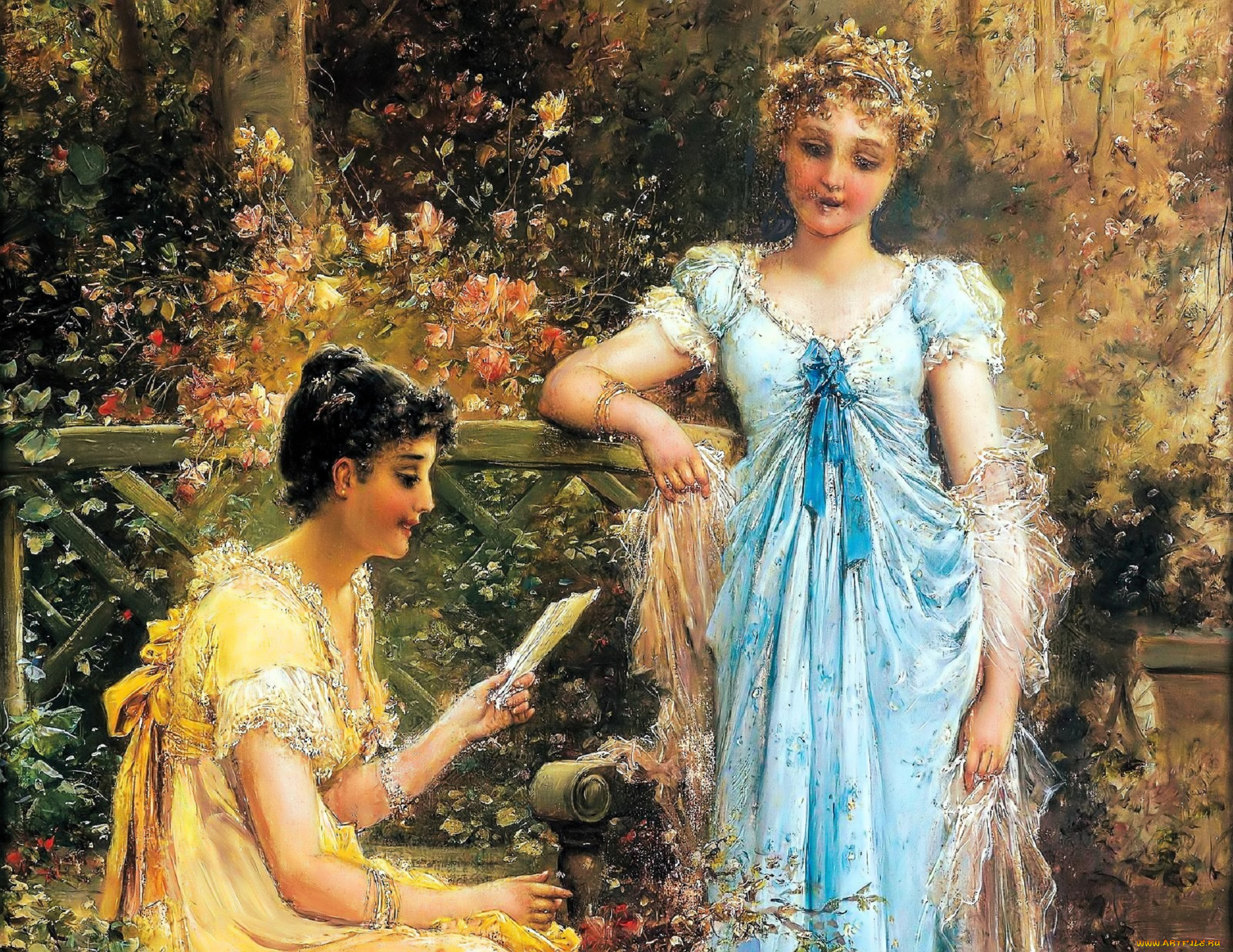 рисованное, hans, zatzka, девушки, письмо, цветы