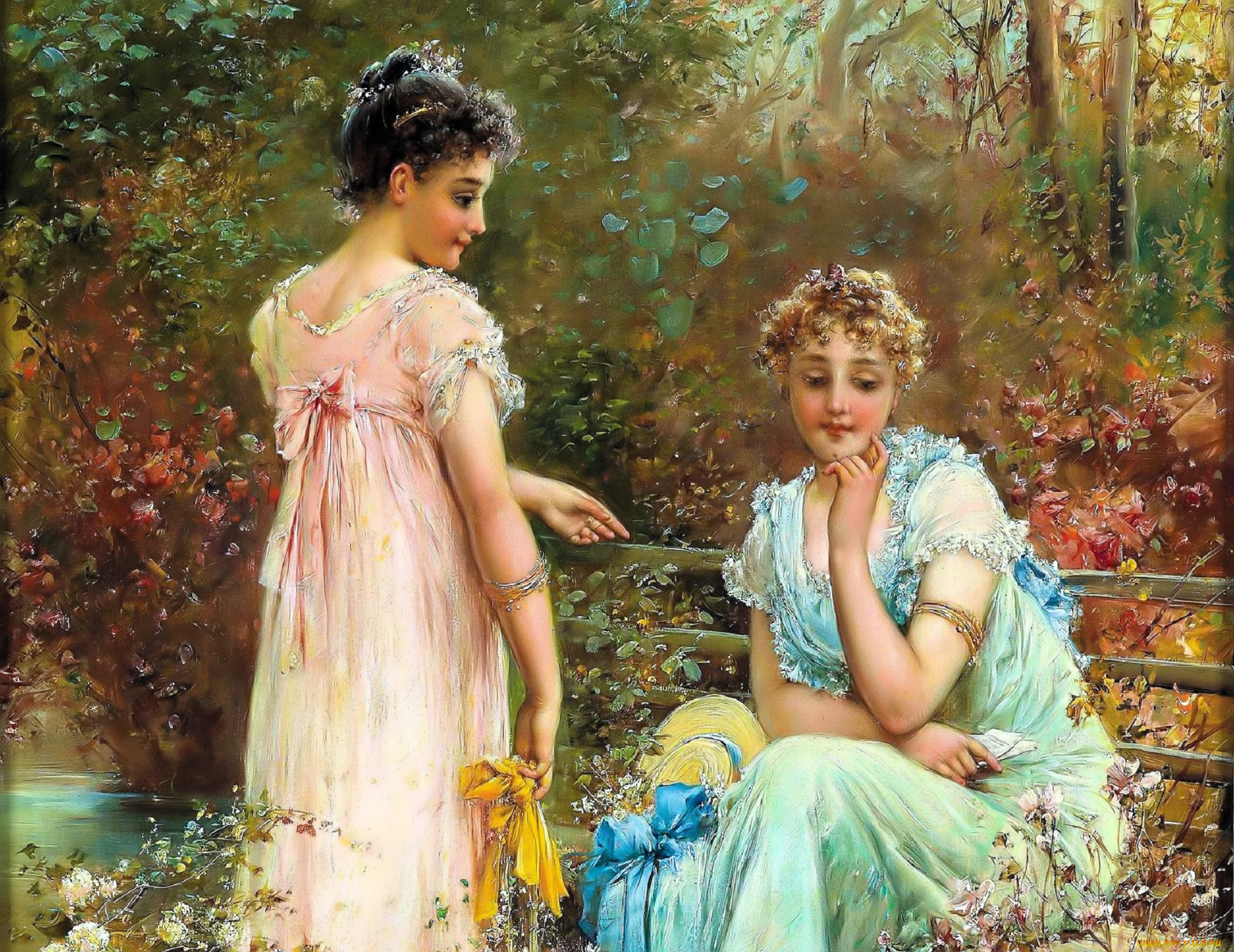 рисованное, hans, zatzka, девушки, скамейка, сад