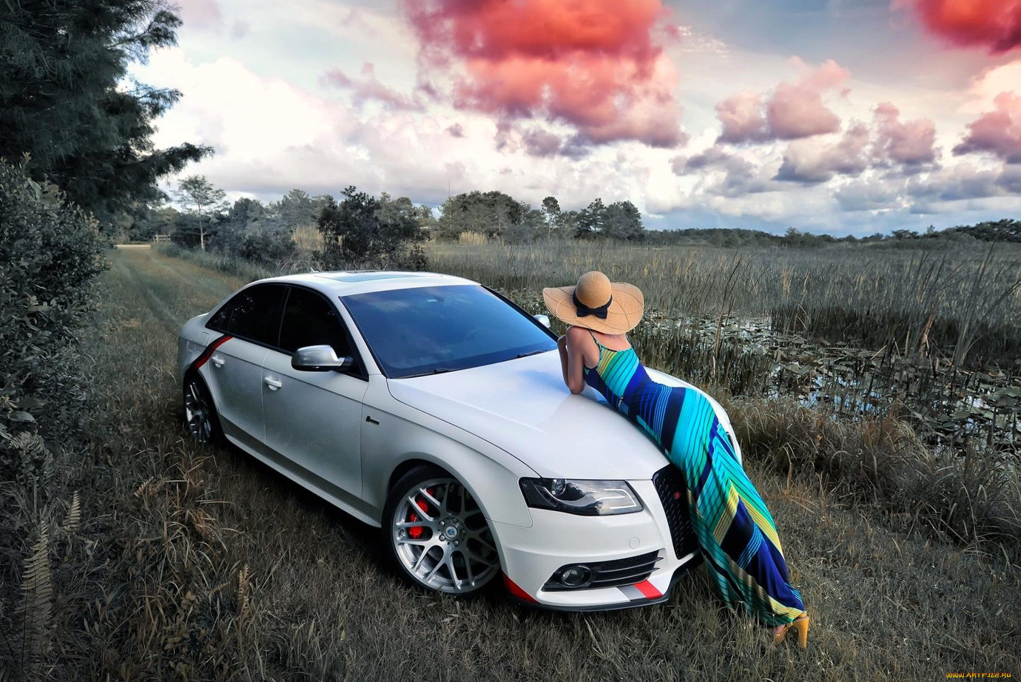 автомобили, -авто, с, девушками, белая, шляпа, платье, поля, облака