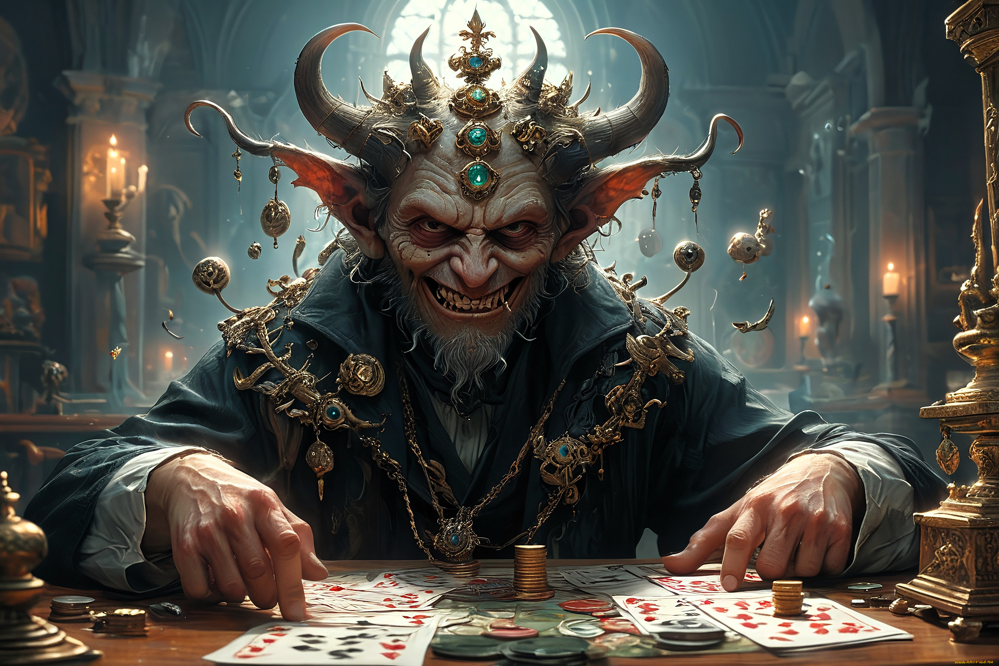 фэнтези, демоны, демон, украшения, рога, карты, деньги, стол
