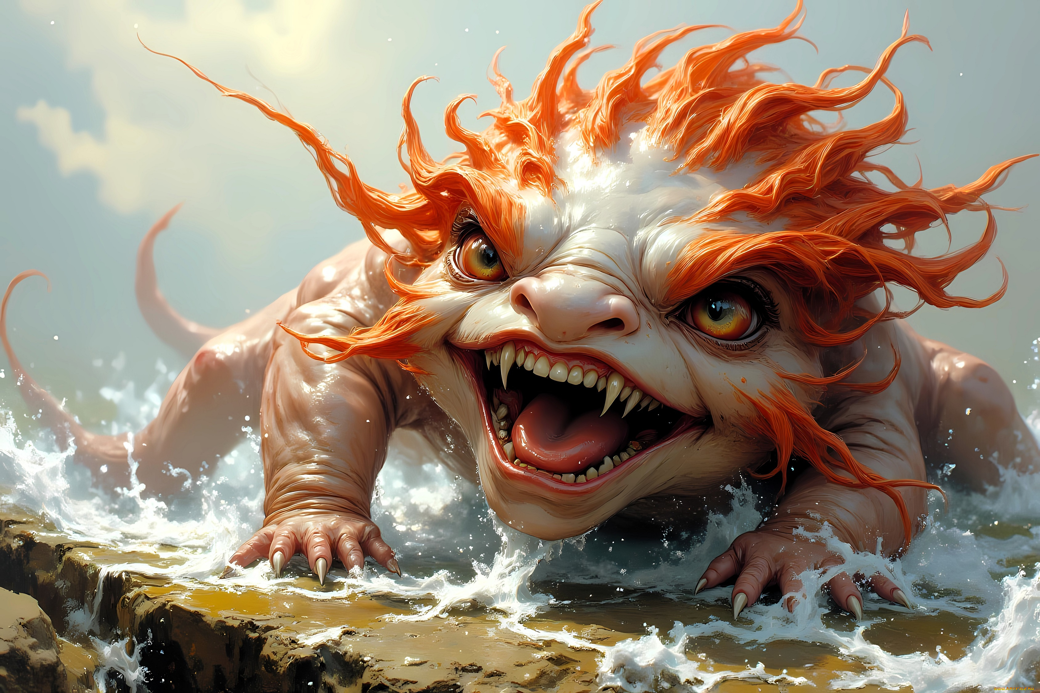 фэнтези, существа, монстр, существо, волны, брызги, камень