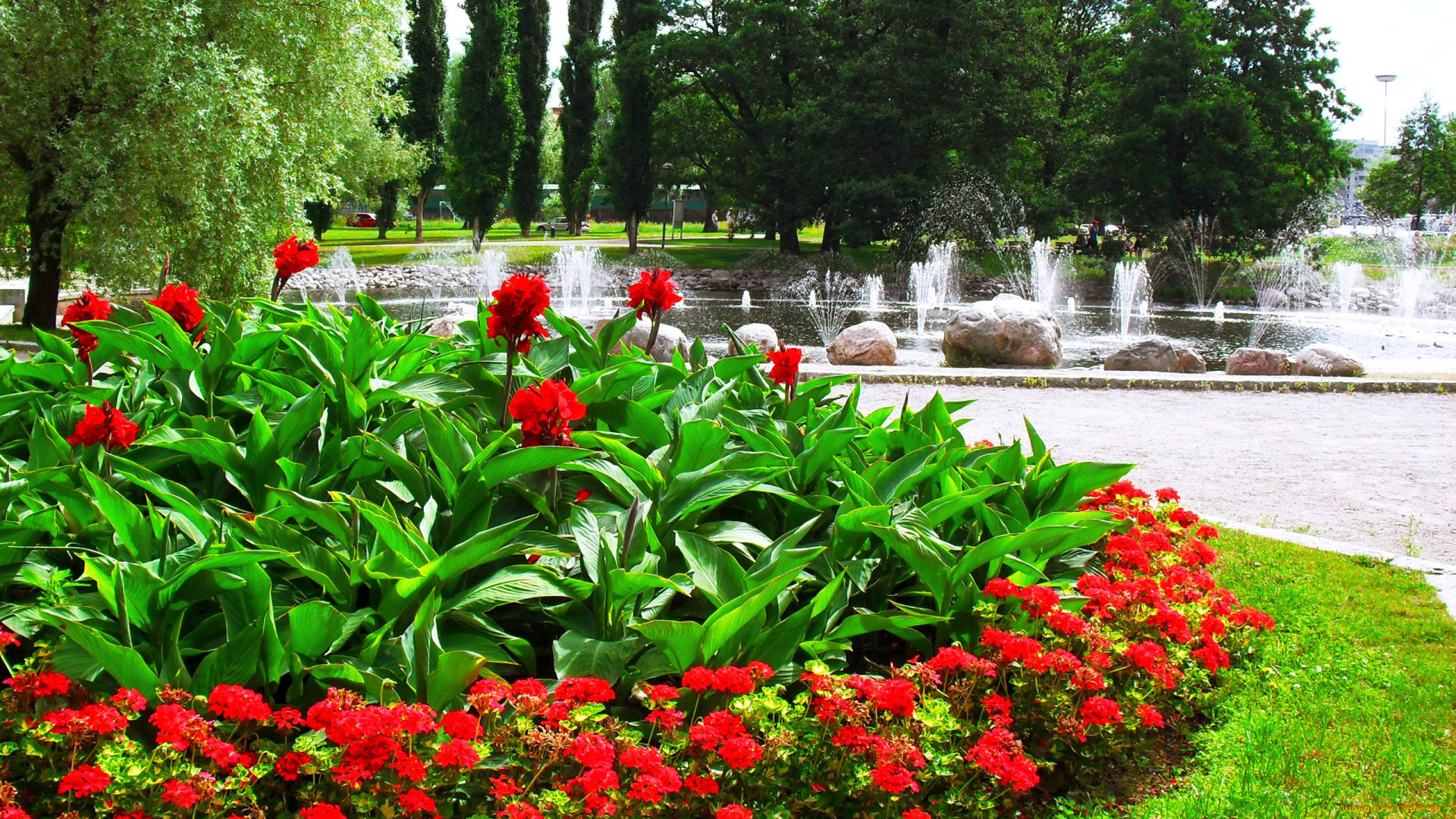 природа, парк, деревья, цветы, трава, камни, фонтаны