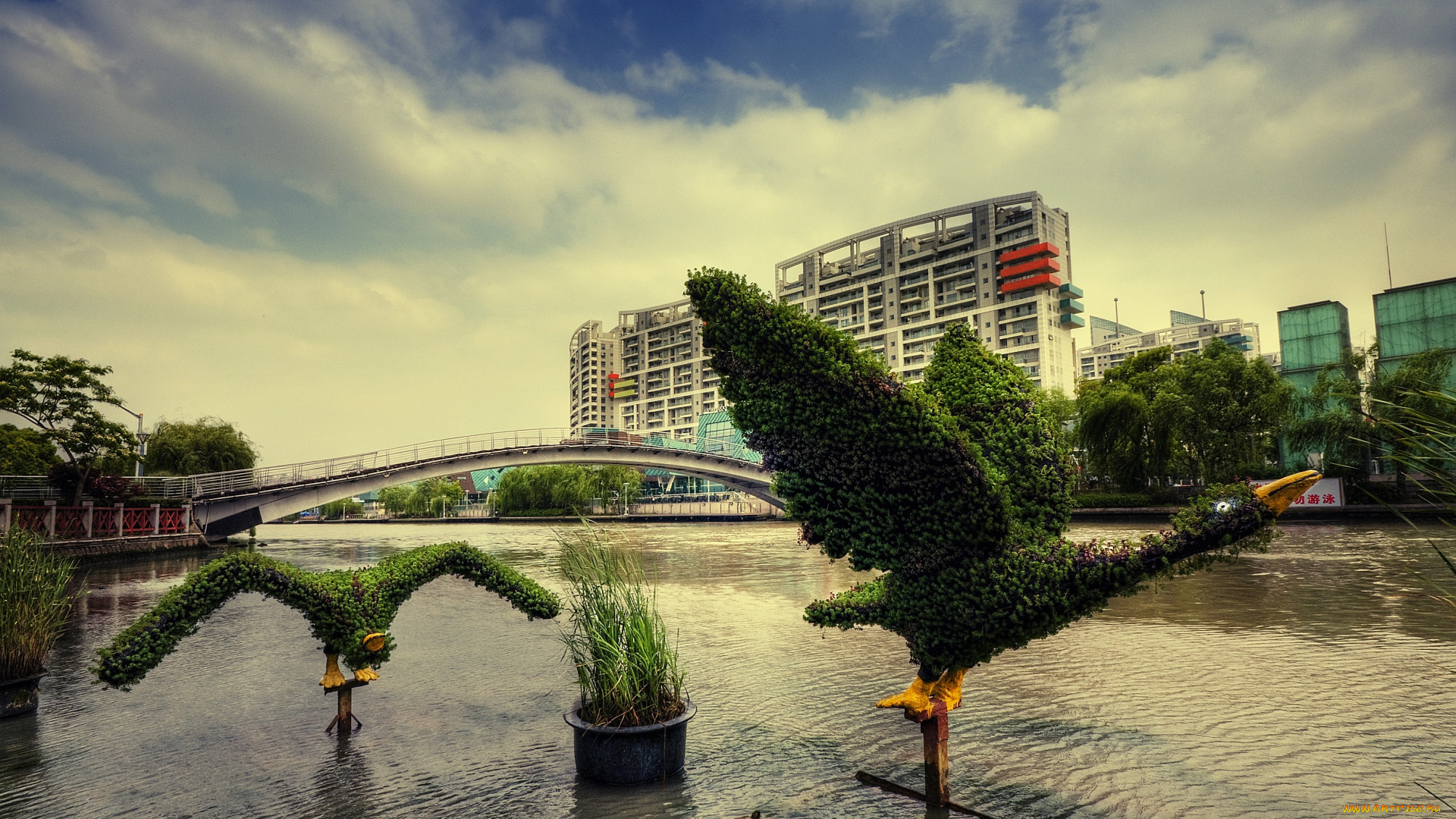 шанхай, китай, города, мост, вода, город, утки, зелень