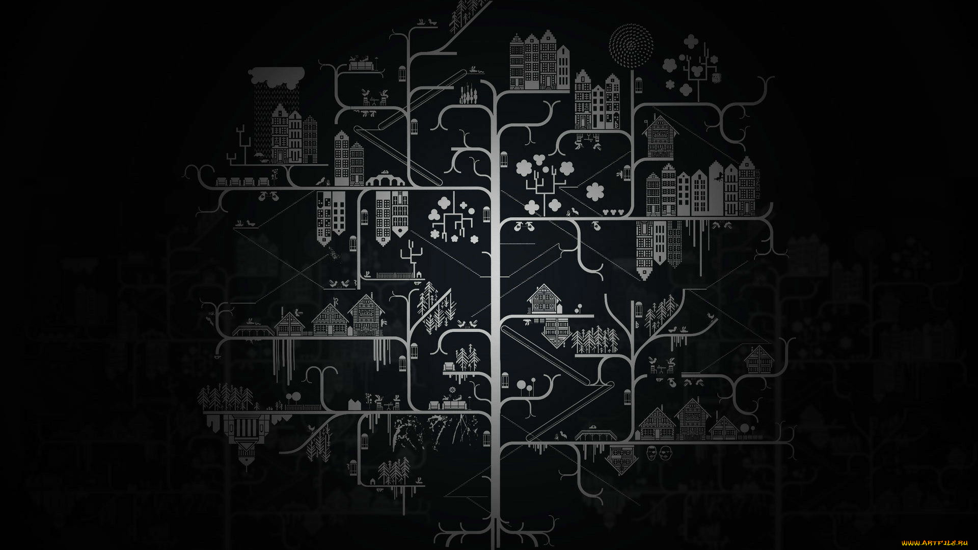 векторная, графика, дерево, дома