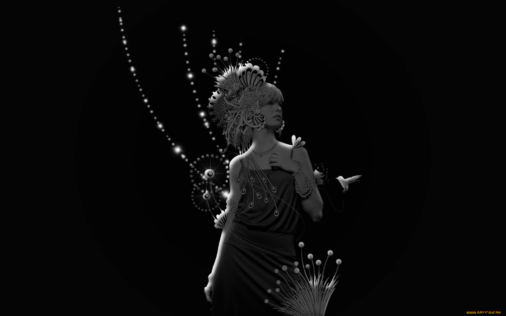 векторная, графика, птица, девушка