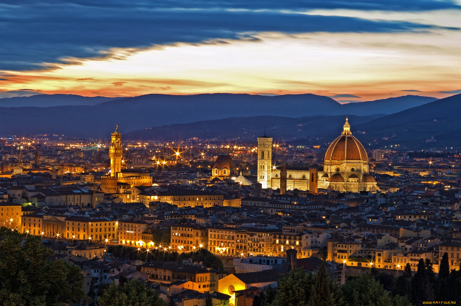 флоренция, италия, города, собор, купол, крыши, огни, ночь