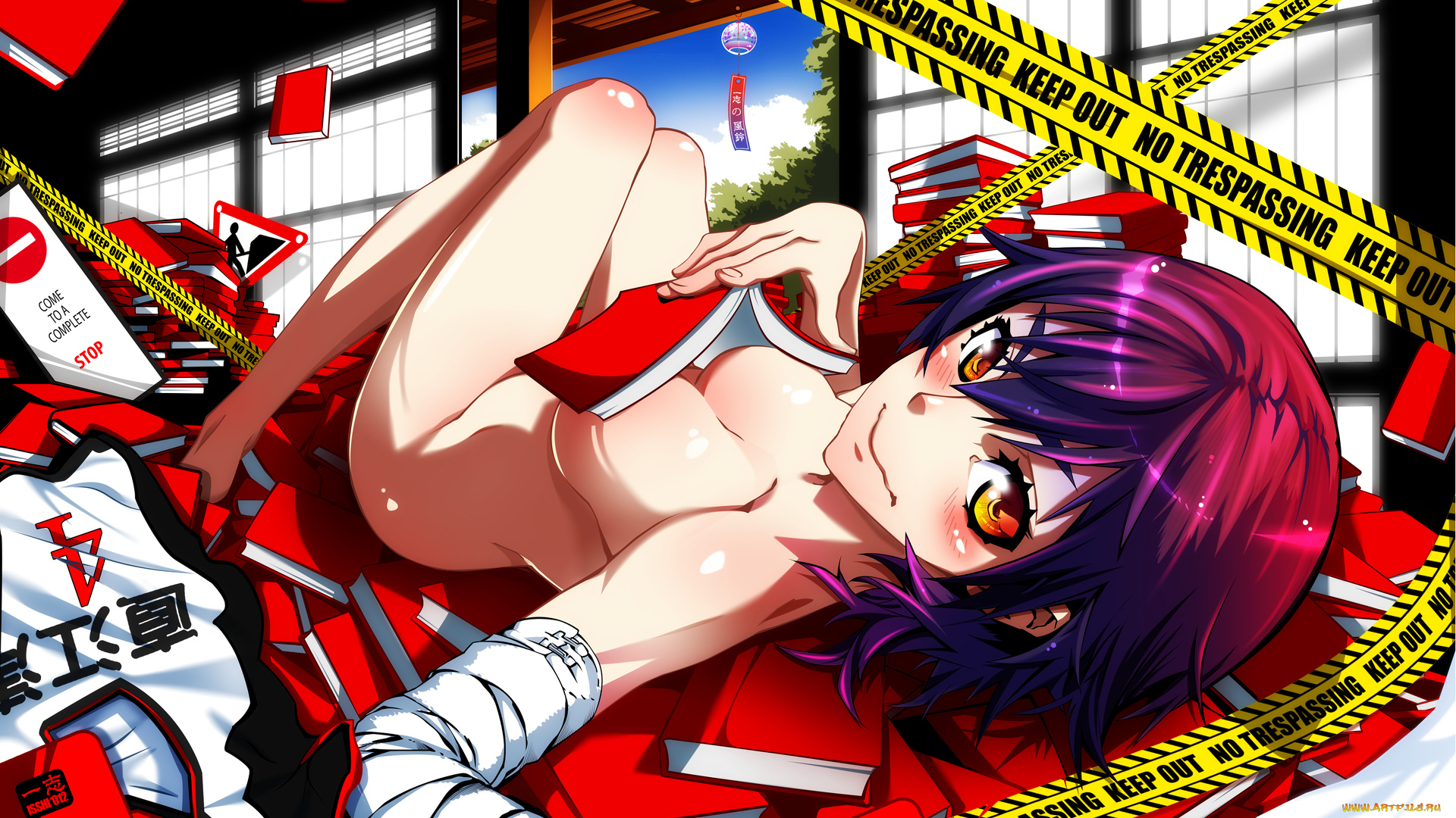 аниме, bakemonogatari, kanbaru, suruga, девушка, книги, лента, бинт, дом, комната, дверь, небо, облака, природа, надпись