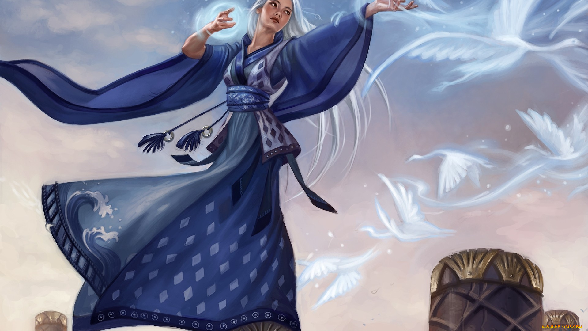 фэнтези, маги, девушка, птицы, магия, колонны, столбы