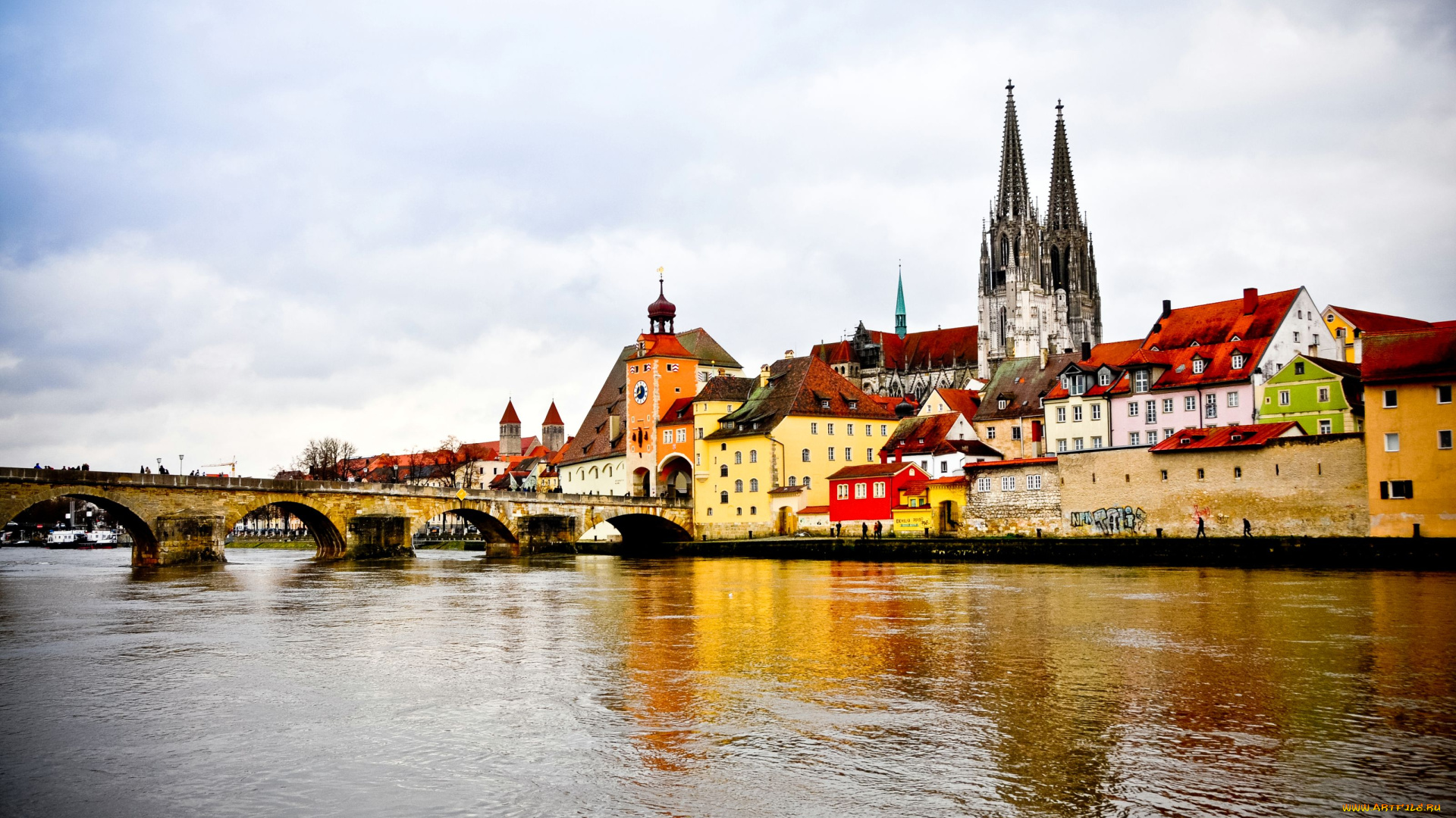 регенсбург, германия, города, дома, река, костел, мост