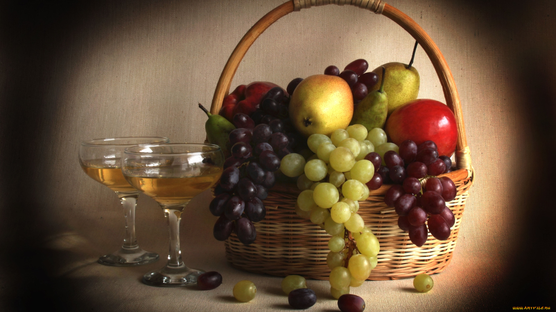 еда, фрукты, ягоды, яблоки, корзинка, вино, груша, виноград