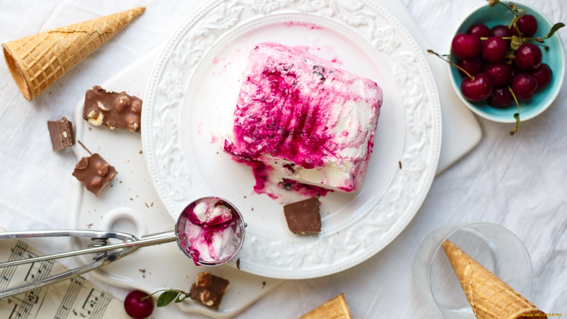 еда, мороженое, десерты, шоколад, стаканчики, вишни