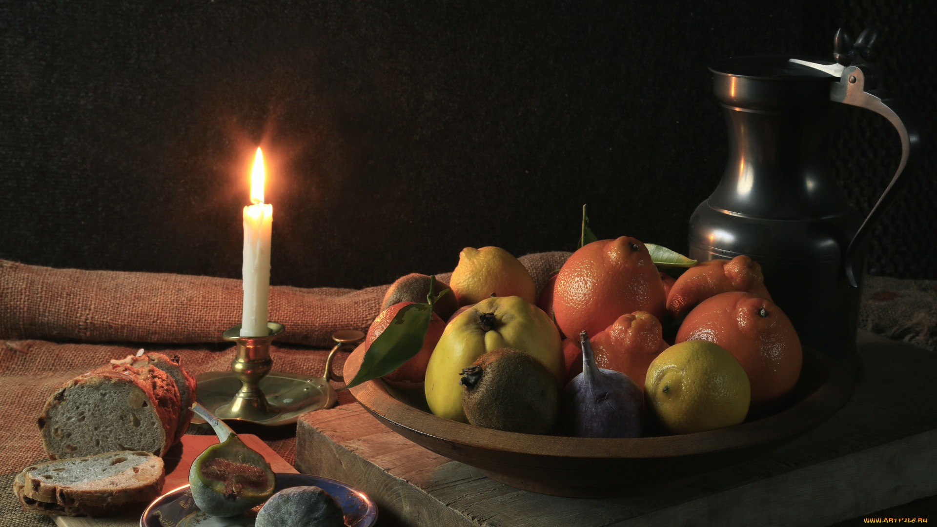 еда, натюрморт, лимоны, апельсины, свеча, инжир, киви, айва
